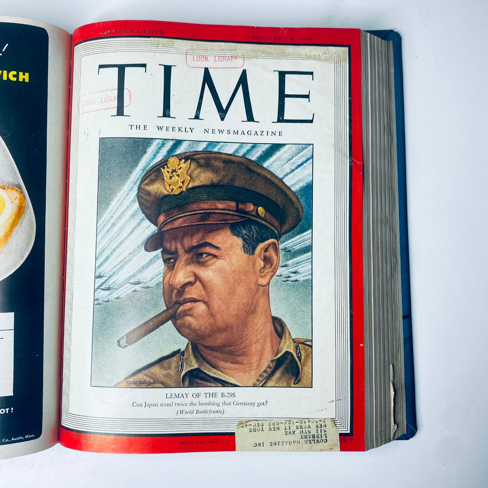 Cover of Time Magazine from August 13, 1945, featuring General Curtis LeMay, with the title 'Time Magazine Library Bound July 2, 1945 - September 24, 1945 Red X Japan'.