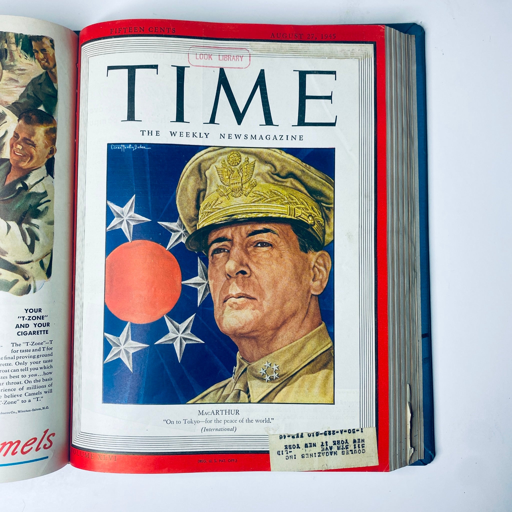 Cover of Time Magazine from August 27, 1945, showcasing General Douglas MacArthur and the title 'Time Magazine Library Bound July 2, 1945 - September 24, 1945 Red X Japan'.
