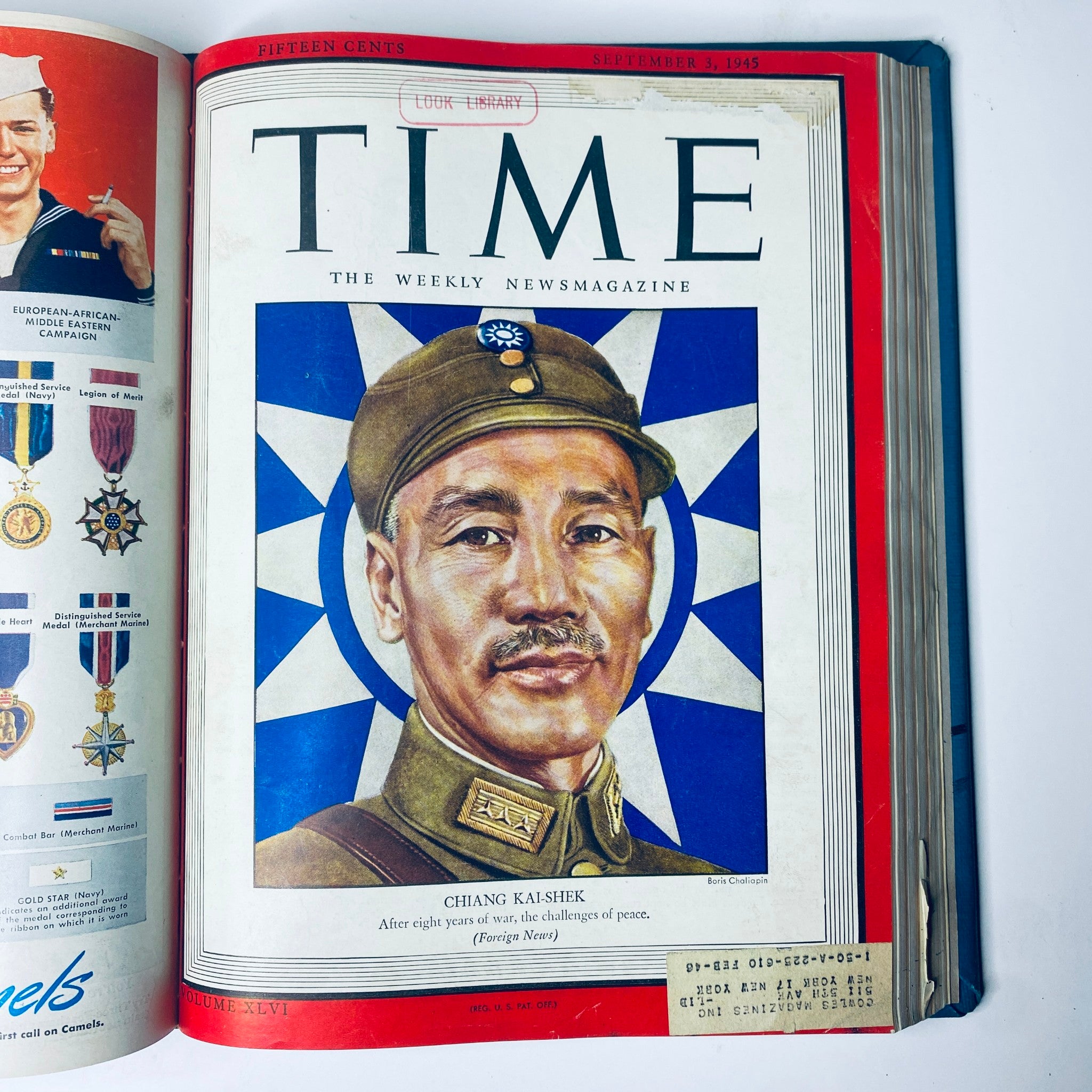 Cover of Time Magazine from September 3, 1945, depicting Generalissimo Chiang Kai-shek, related to 'Time Magazine Library Bound July 2, 1945 - September 24, 1945 Red X Japan'.