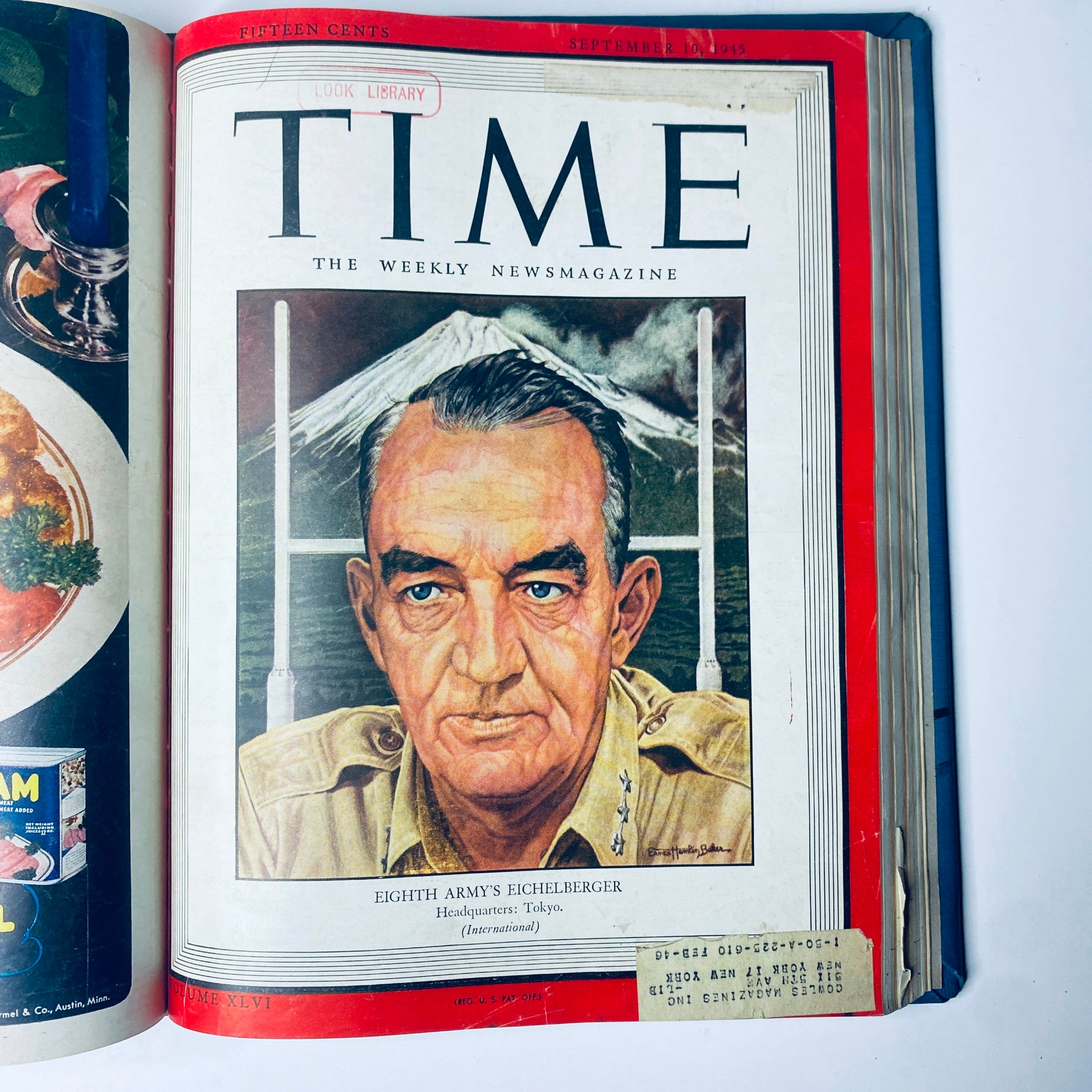 Cover of Time Magazine from September 10, 1945, featuring General Robert L. Eichelberger, included in 'Time Magazine Library Bound July 2, 1945 - September 24, 1945 Red X Japan'.