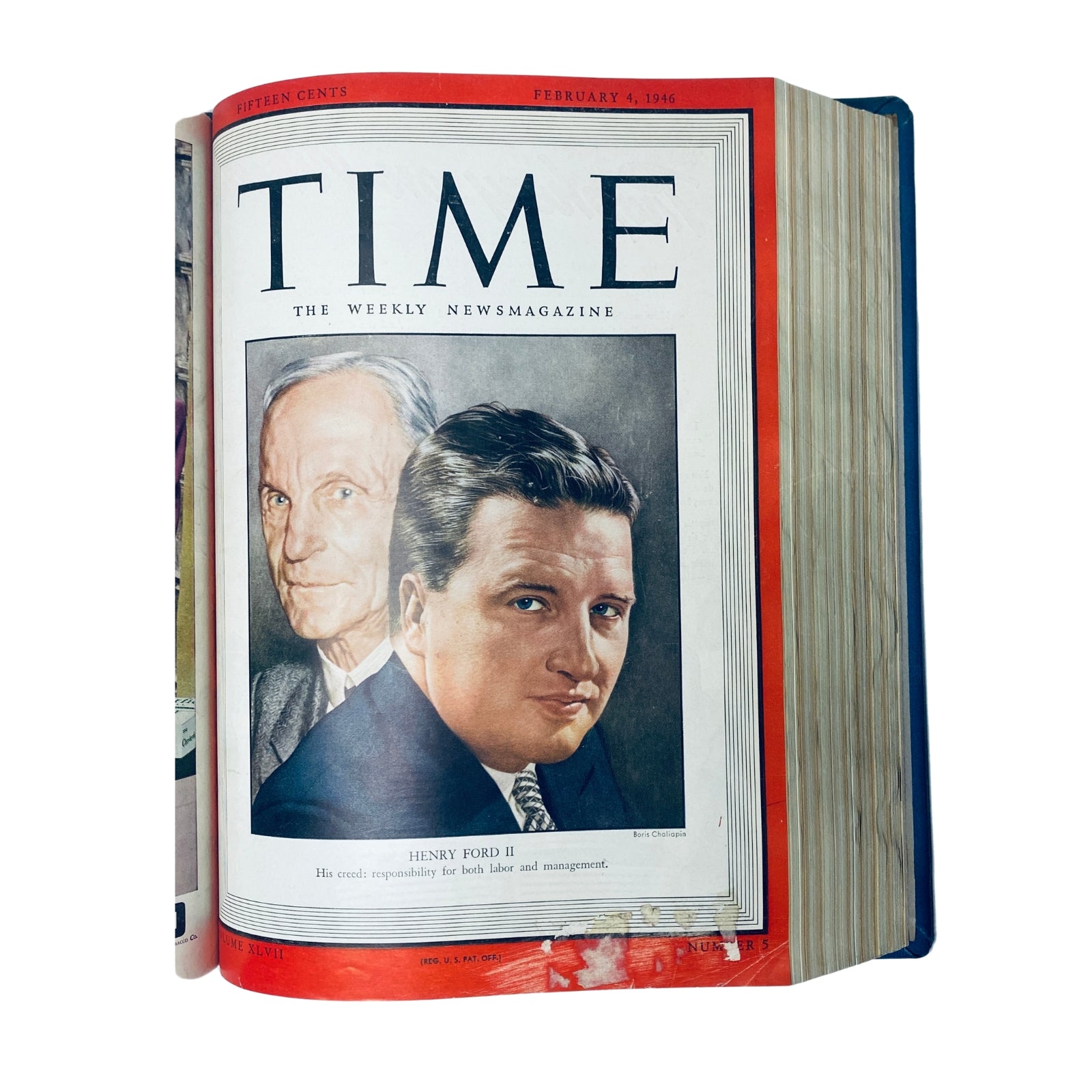 Cover of Time Magazine from February 4, 1946, featuring a portrait of Henry Ford II, emphasizing his dual responsibility for both labor and management. This image is part of the Time Library Bound Weekly collection, spanning January 7 to March 25, 1946.