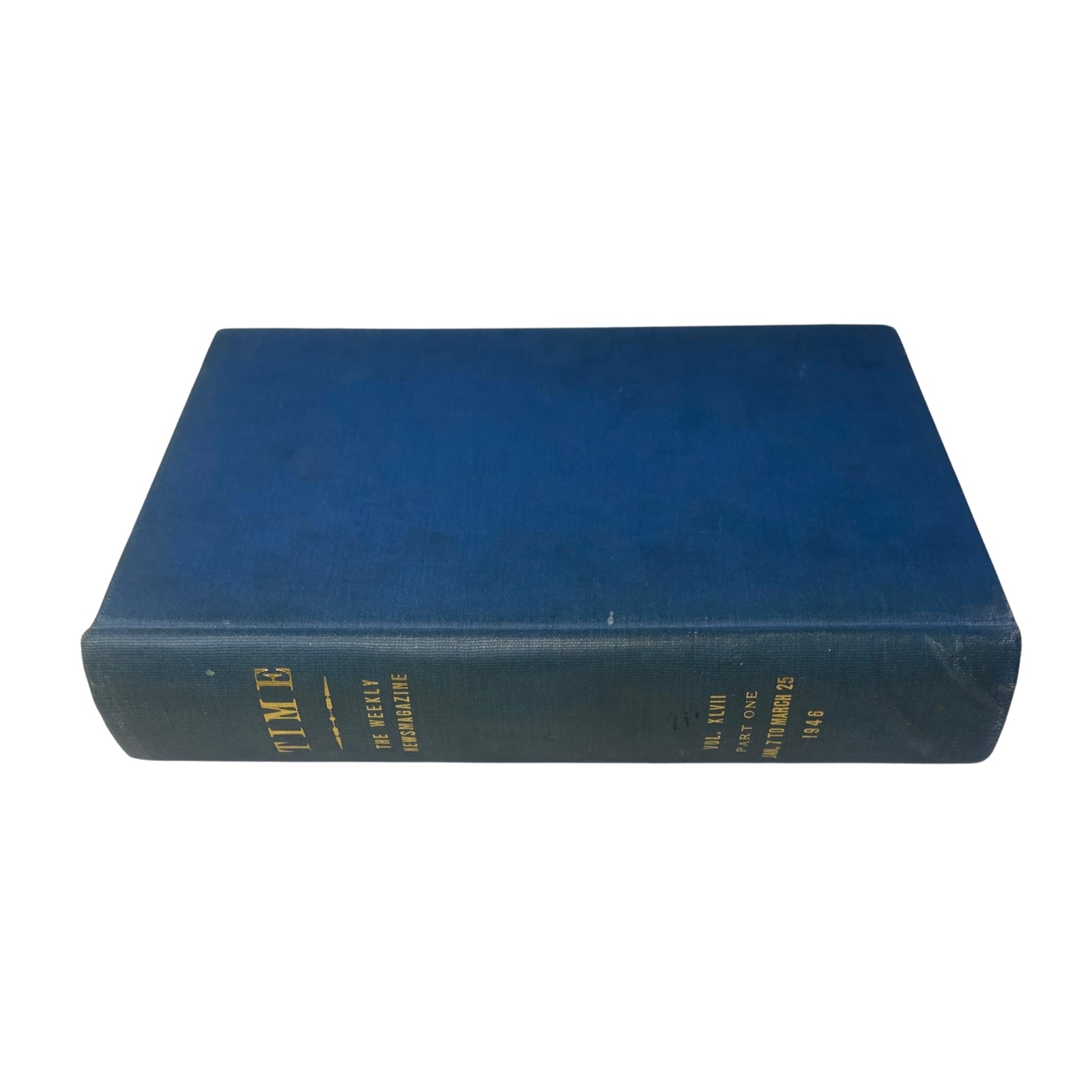 Side view of Time Magazine Library Bound Weekly, January 7 to March 25, 1946, displaying a clean blue spine with gold lettering.