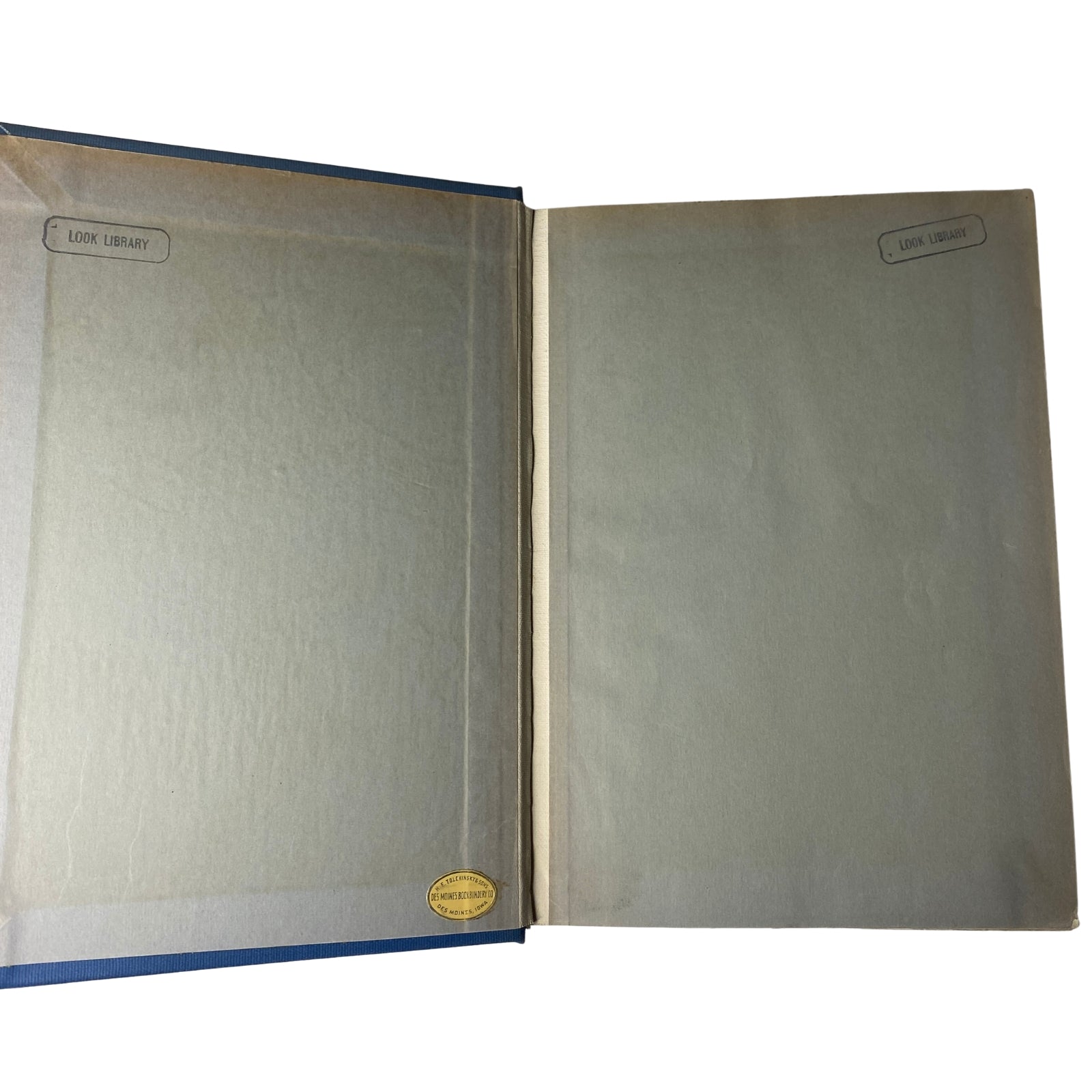 Interior view of Time Magazine Library Bound Weekly, January 7 to March 25, 1946, showing the blank front endpages with library stamps.