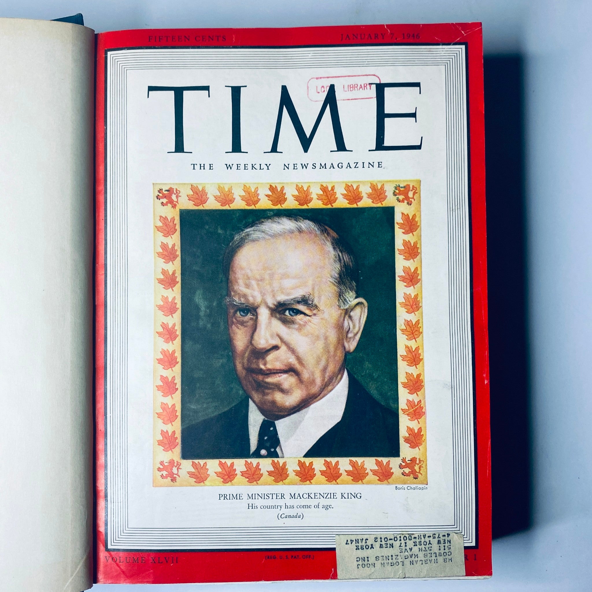 Cover of Time Magazine Library Bound Weekly January 7, 1946, featuring Prime Minister Mackenzie King of Canada, showcasing a historical snapshot of post-war news.
