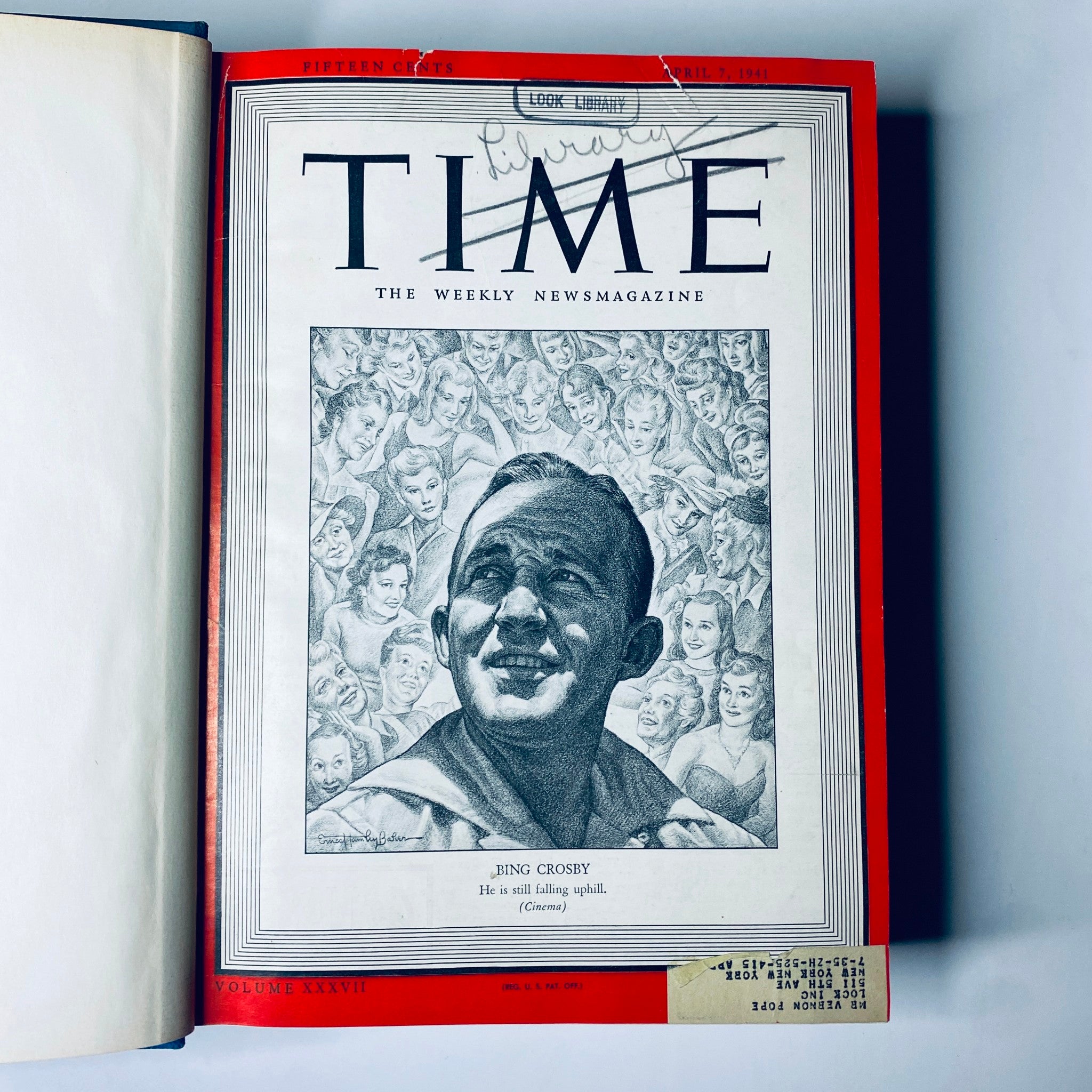 Opening page of the Time Magazine library edition from April 7, 1941, featuring Bing Crosby on the cover, with a handwritten library label.