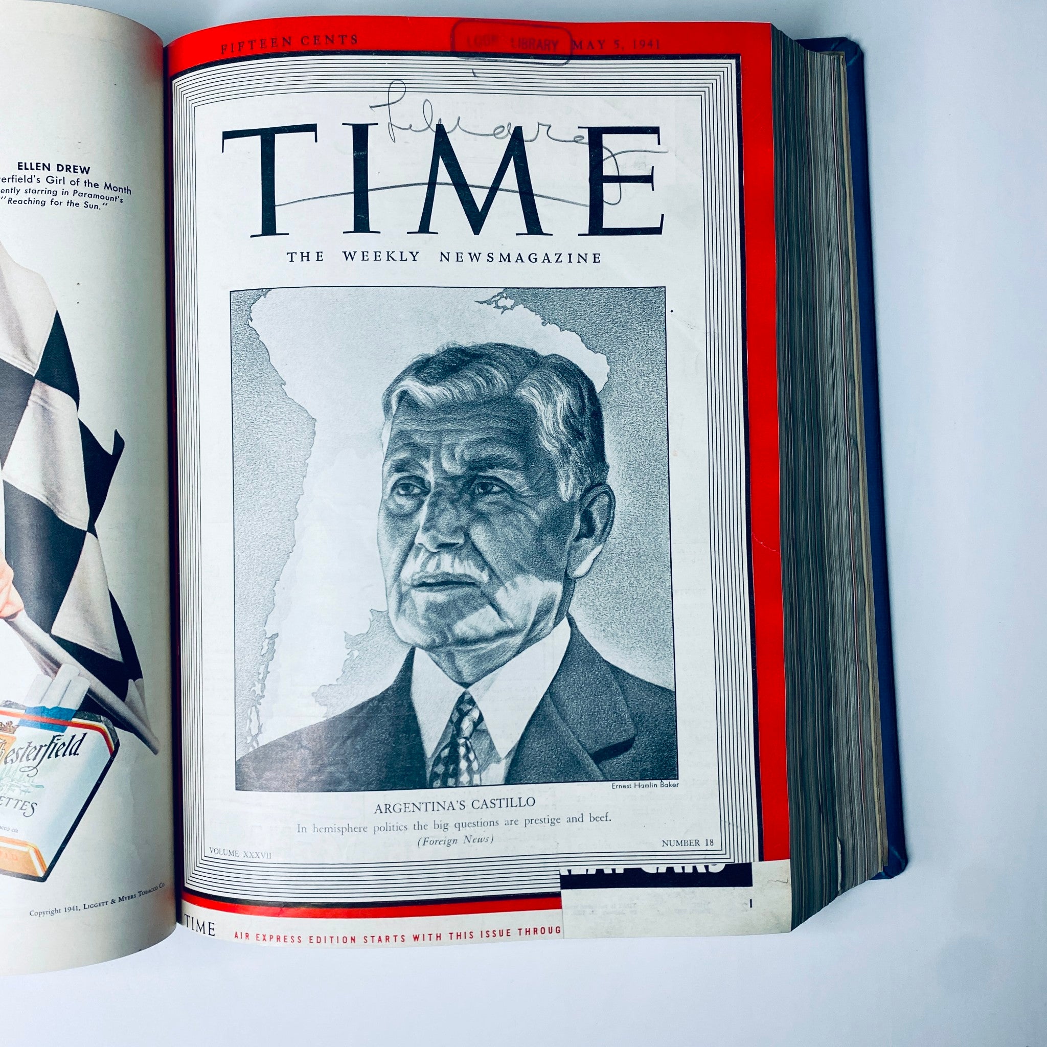 Time Magazine Library Bound April-June 1941 featuring President Ramón Castillo of Argentina on the cover, providing insight into wartime politics.