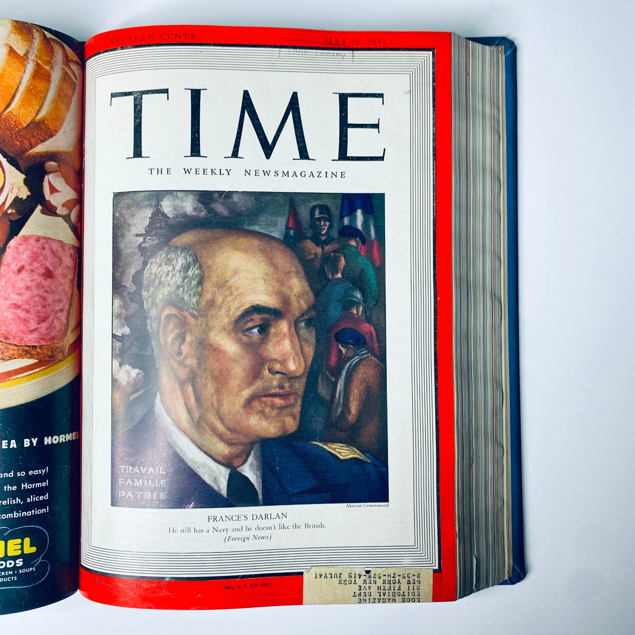 Time Magazine Library Bound April 7 to May 26, 1941 cover featuring Frances Darlan, highlighting military leadership amidst World War II and U.S. involvement.