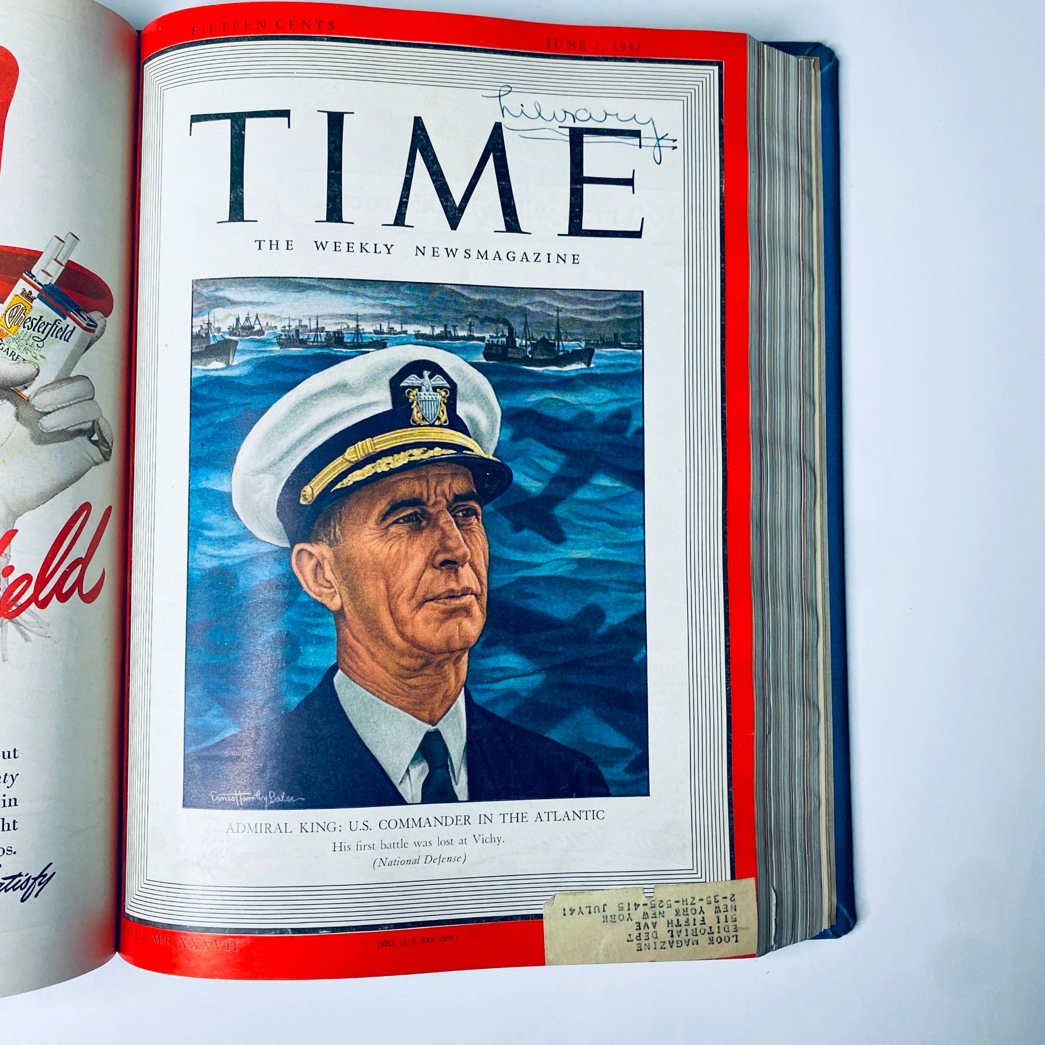 Time Magazine Library Bound June 2, 1941 cover featuring Admiral King, highlighting his role as U.S. Commander in the Atlantic during World War II.