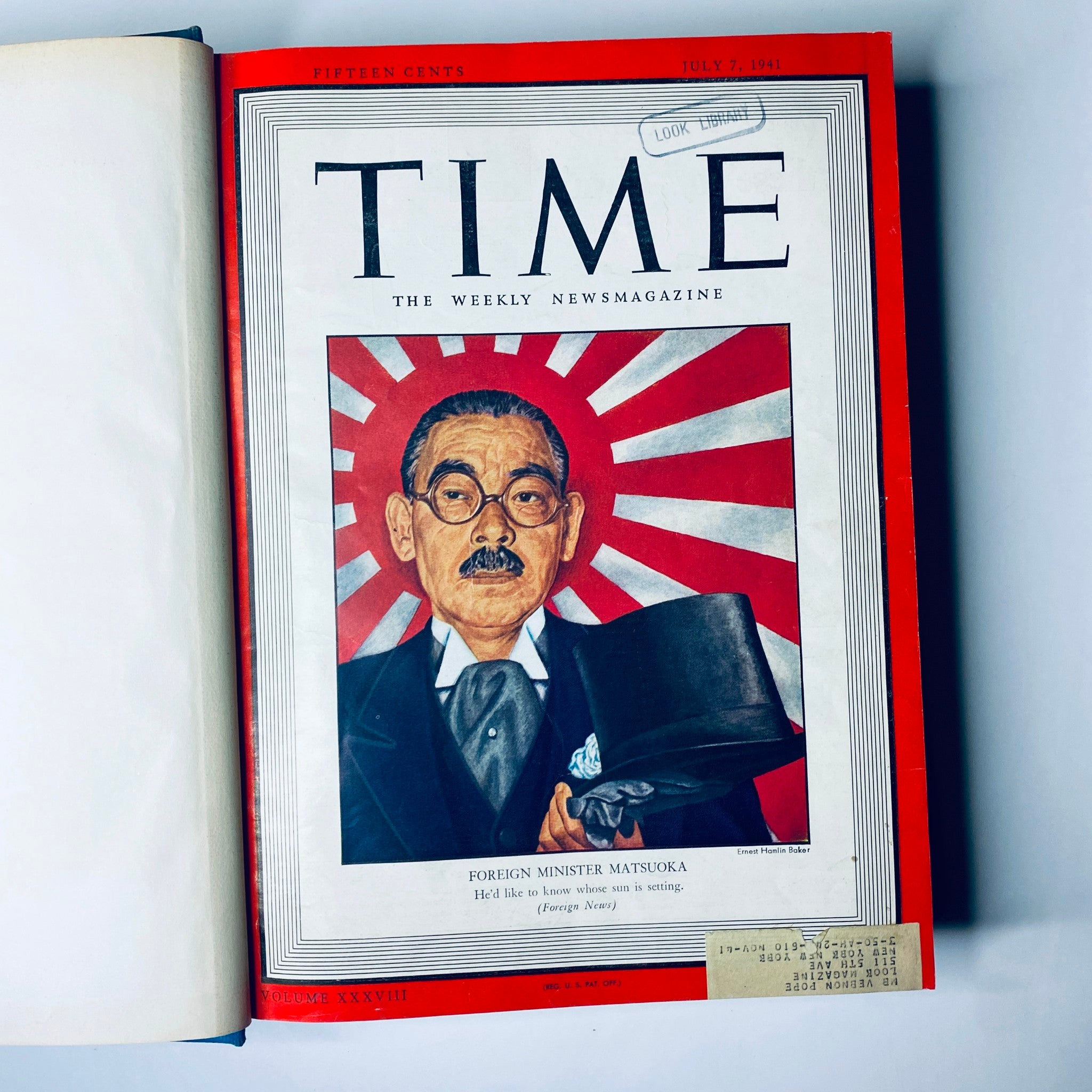 Time Library Bound Weekly Magazine, July 7 to September 29, 1941 - Inside front cover with a detailed illustration of Foreign Minister Matsuo.