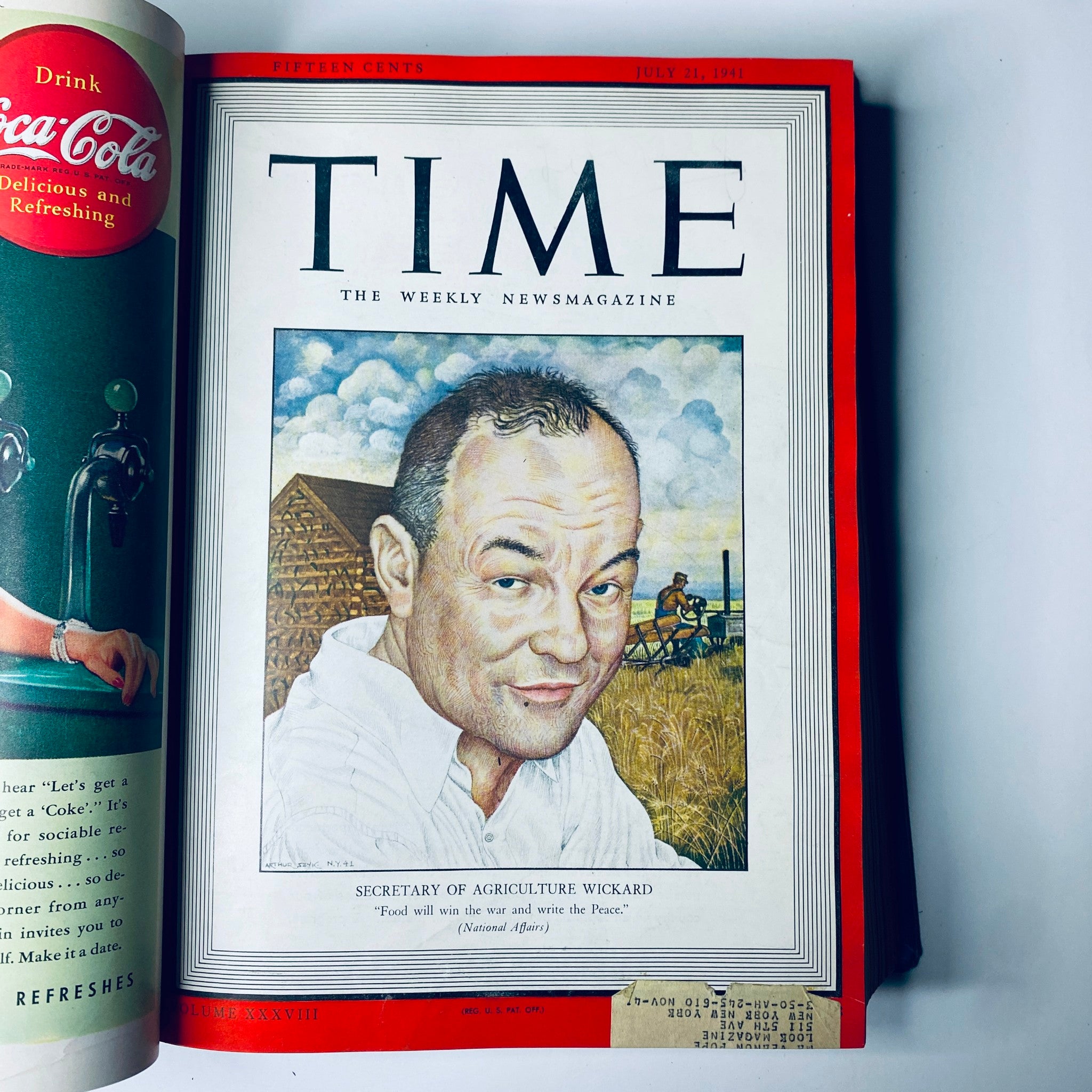 Time Magazine cover dated July 21, 1941, showcasing Claude Wickard, Secretary of Agriculture, illustrated with a colorful background and a rural scene. Title: Time Magazine Library Bound July 7 - September 29, 1941 - IRAN'S REZA SHAH PAHLAVI.