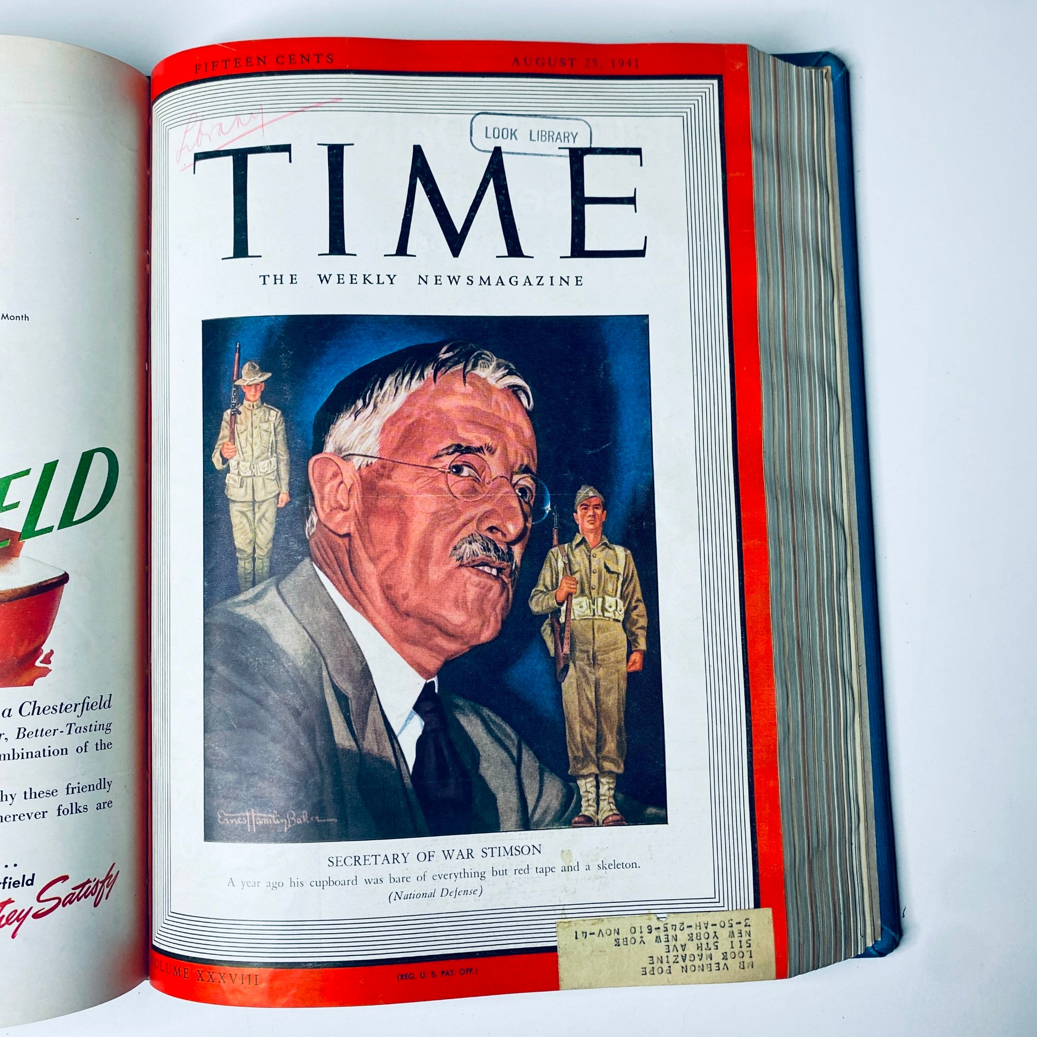 Cover of Time Magazine library bound edition from August 25, 1941, featuring Secretary of War Henry L. Stimson, addressing national defense during the build-up to World War II.