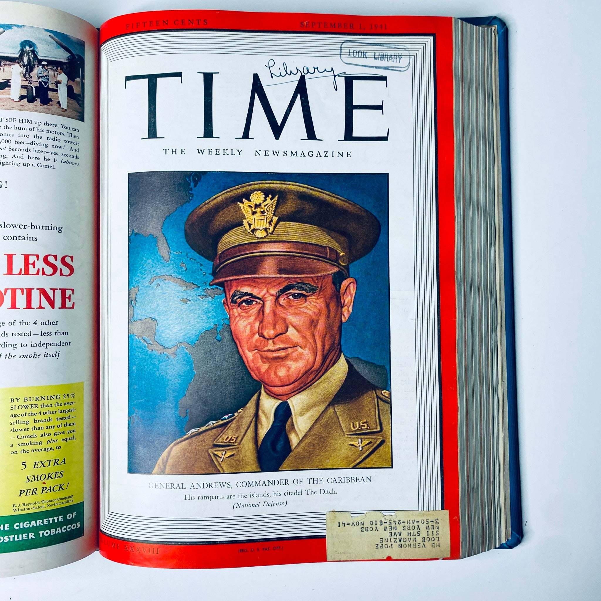 Cover of Time Magazine library bound edition from September 1, 1941, featuring General Frank M. Andrews, Caribbean Defense Commander, discussing military strategy as World War II looms.