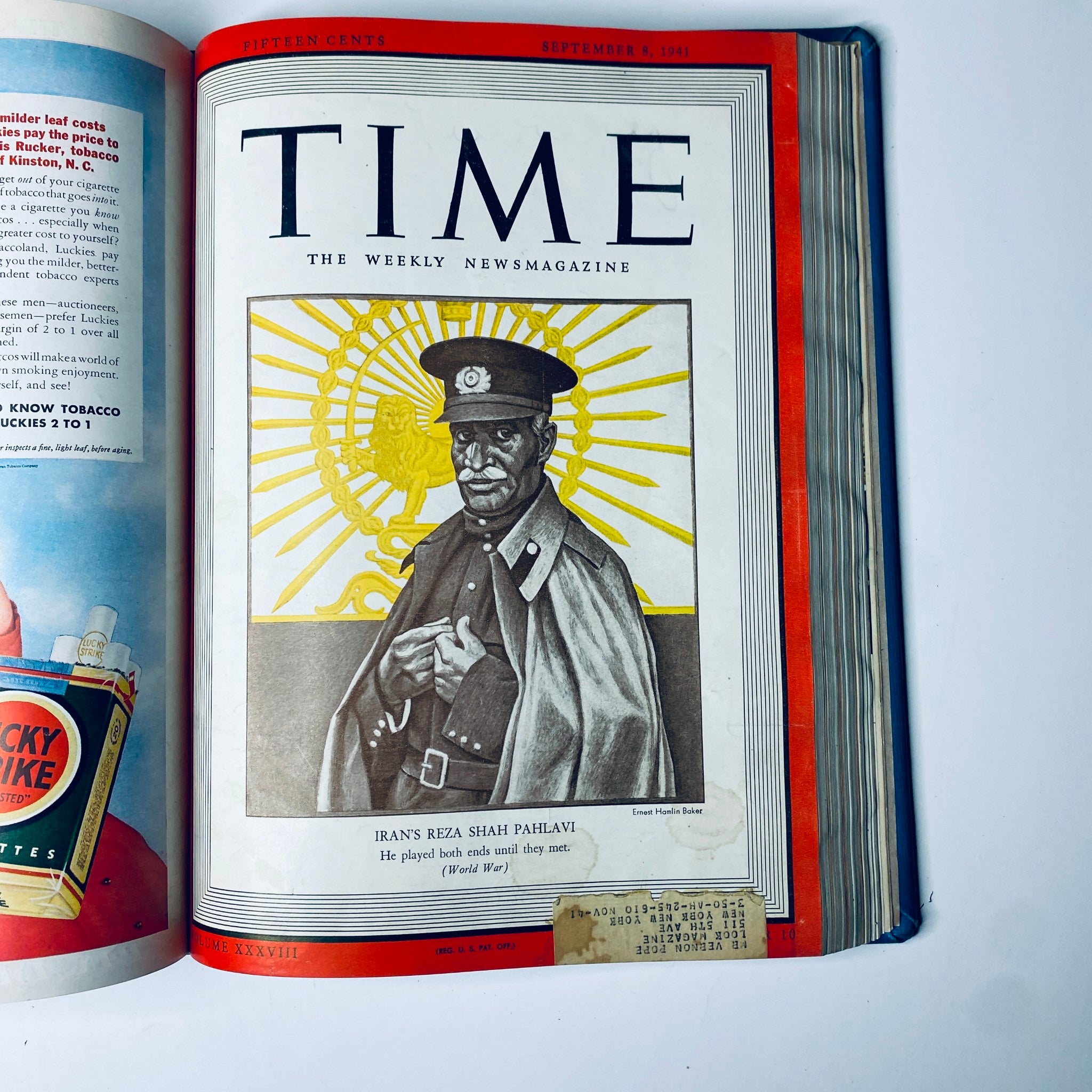 Cover of Time Magazine library bound edition from September 8, 1941, featuring Reza Shah Pahlavi of Iran, emphasizing his geopolitical significance in pre-World War II events.