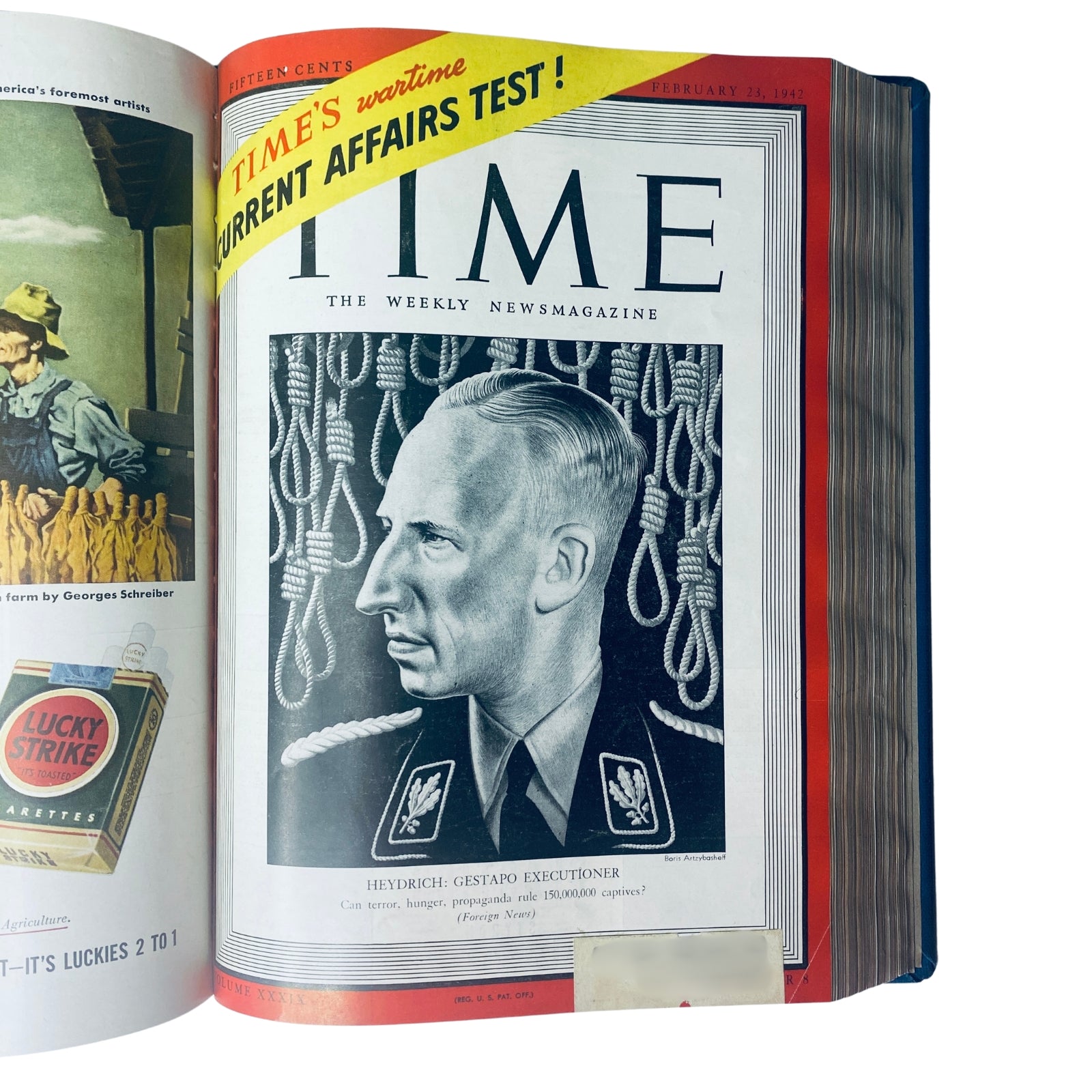 Cover of Time Magazine Library Bound Weekly January 5 to March 30, 1942, featuring an illustration of Reinhard Heydrich with the caption 'Gestapo Executioner'. The magazine discusses wartime topics including current affairs during World War II.