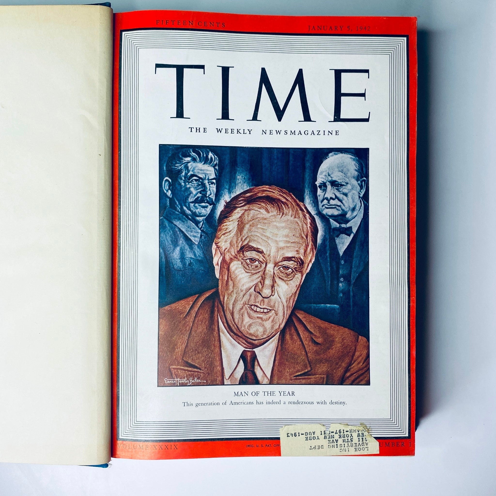 Opening page of Time Magazine Library Bound Weekly January 5, 1942 - March 30, 1942, displaying the cover featuring Franklin D. Roosevelt as Man of the Year.