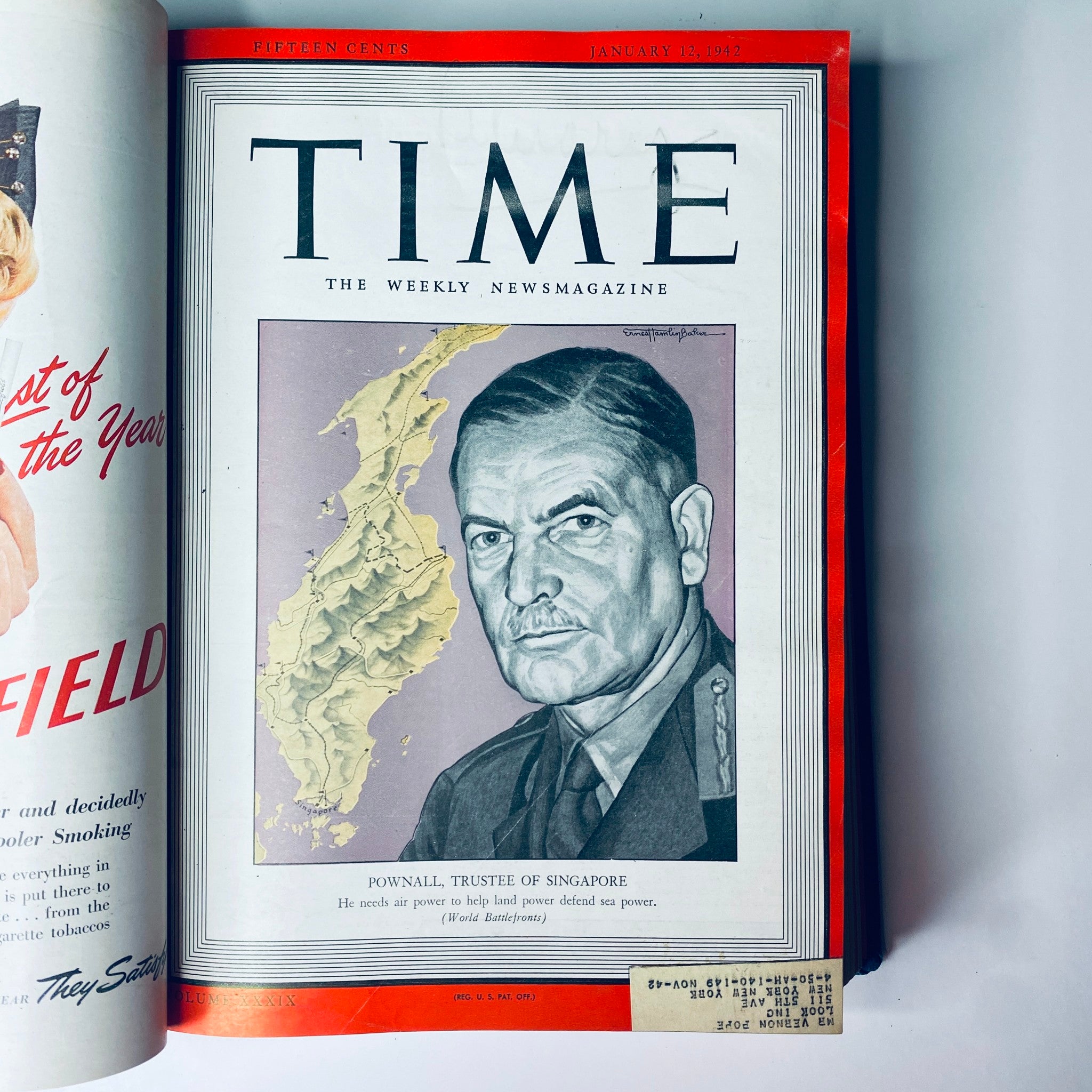 Cover of Time Magazine Library Bound Weekly January 5, 1942 - March 30, 1942 featuring Admiral Geoffrey Pownall, Trustee of Singapore, with a backdrop of Singapore's map.