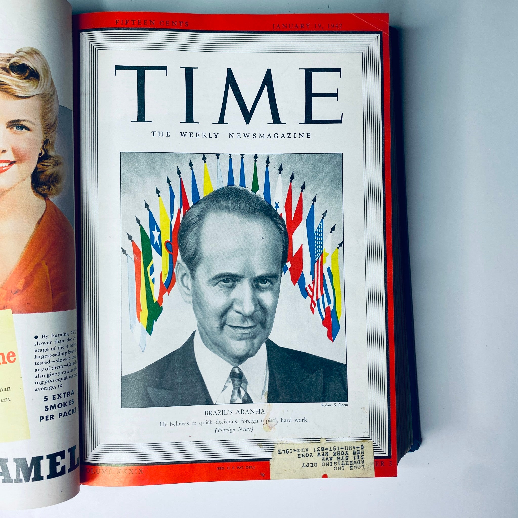 Cover of Time Magazine Library Bound Weekly January 5, 1942 - March 30, 1942 featuring Oswaldo Aranha, Brazil's Foreign Minister, with various country flags in the background.