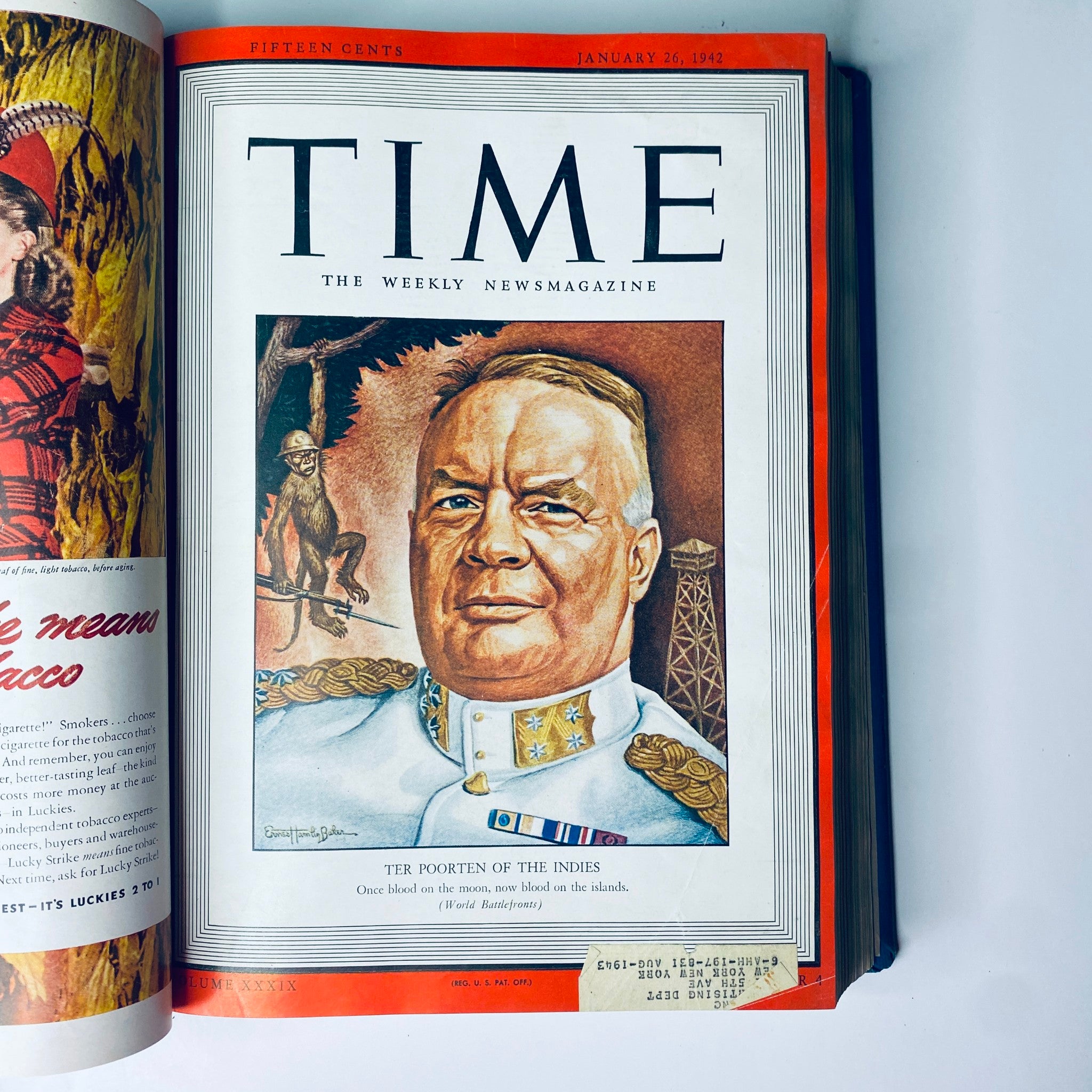 Cover of Time Magazine Library Bound Weekly January 5, 1942 - March 30, 1942 showcasing General Hein ter Poorten of the Dutch East Indies, illustrated alongside jungle elements.