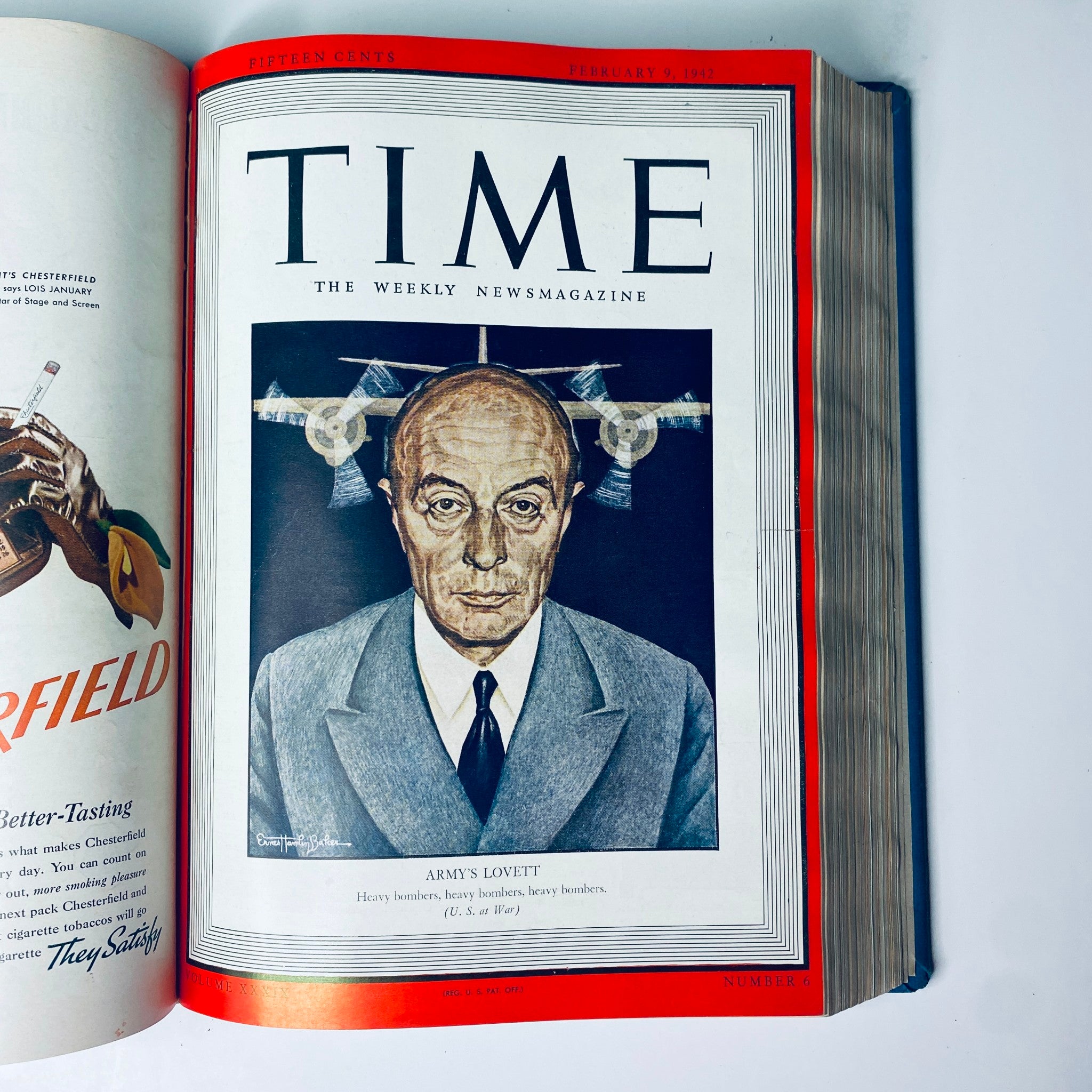 Cover of Time Magazine Library Bound Weekly January 5, 1942 - March 30, 1942 featuring Assistant Secretary of War for Air, Robert A. Lovett, depicted with bomber graphics.