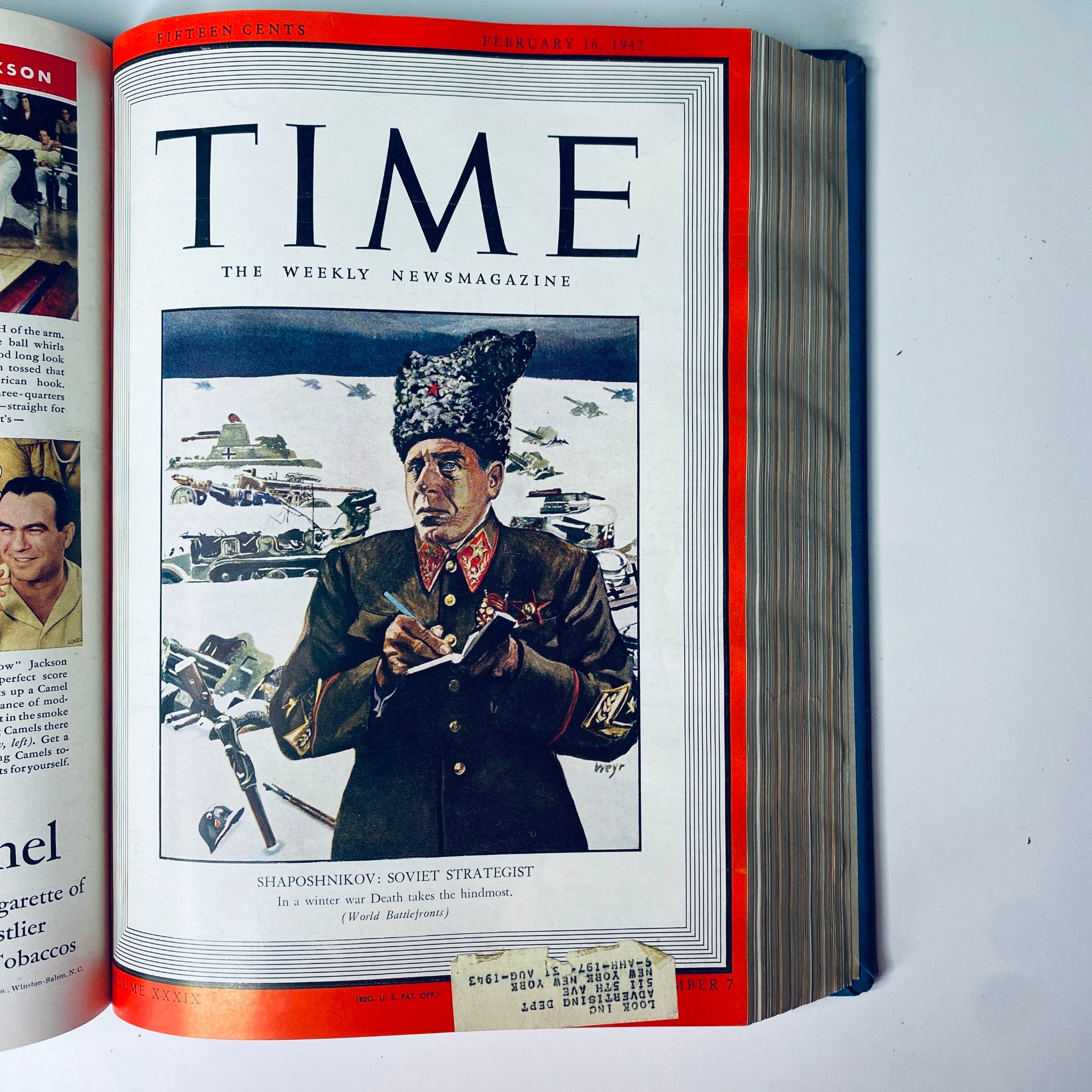 Cover of Time Magazine Library Bound Weekly January 5, 1942 - March 30, 1942 presenting Marshal Boris Shaposhnikov, Soviet Strategist, surrounded by military vehicles.