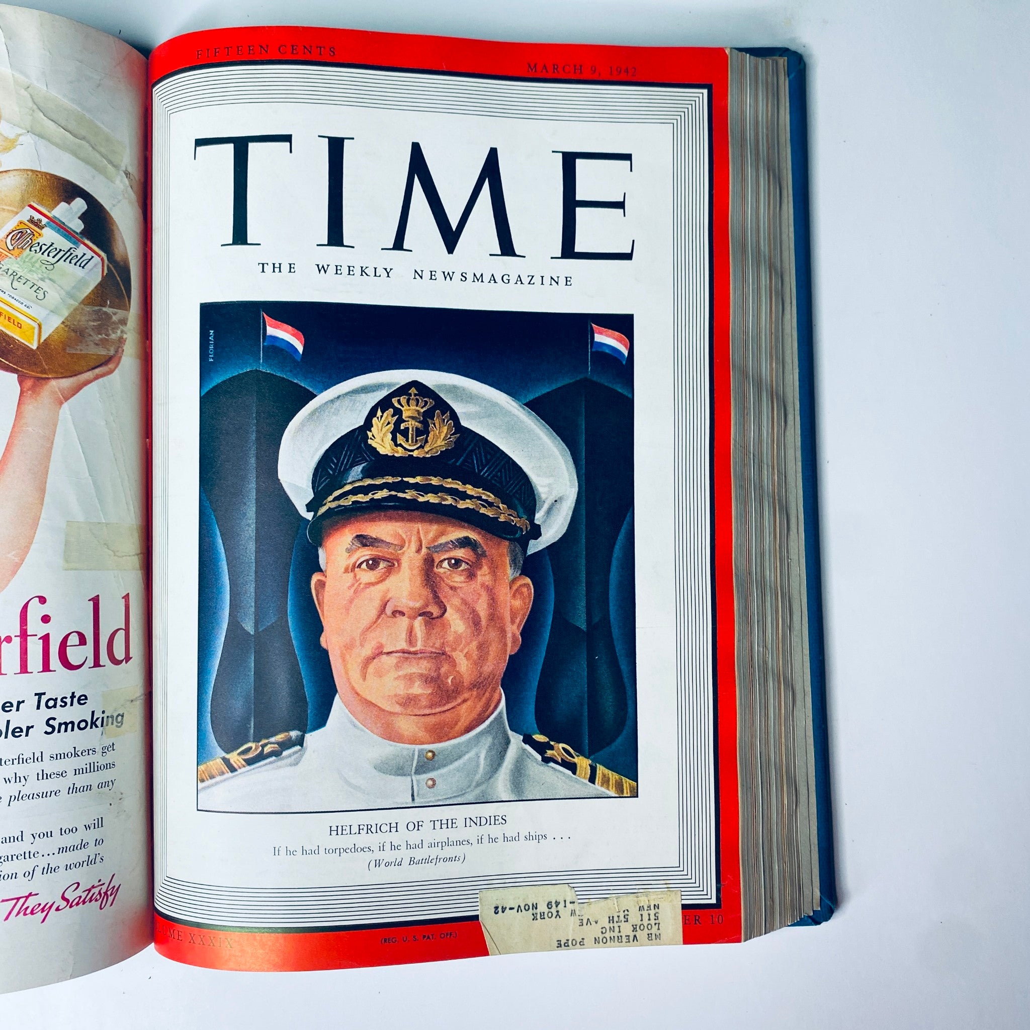 Time Library Bound Weekly Magazine, March 9, 1942, featuring a portrait of Admiral Helfrich of the Indies, reflecting key wartime leadership during World War II.