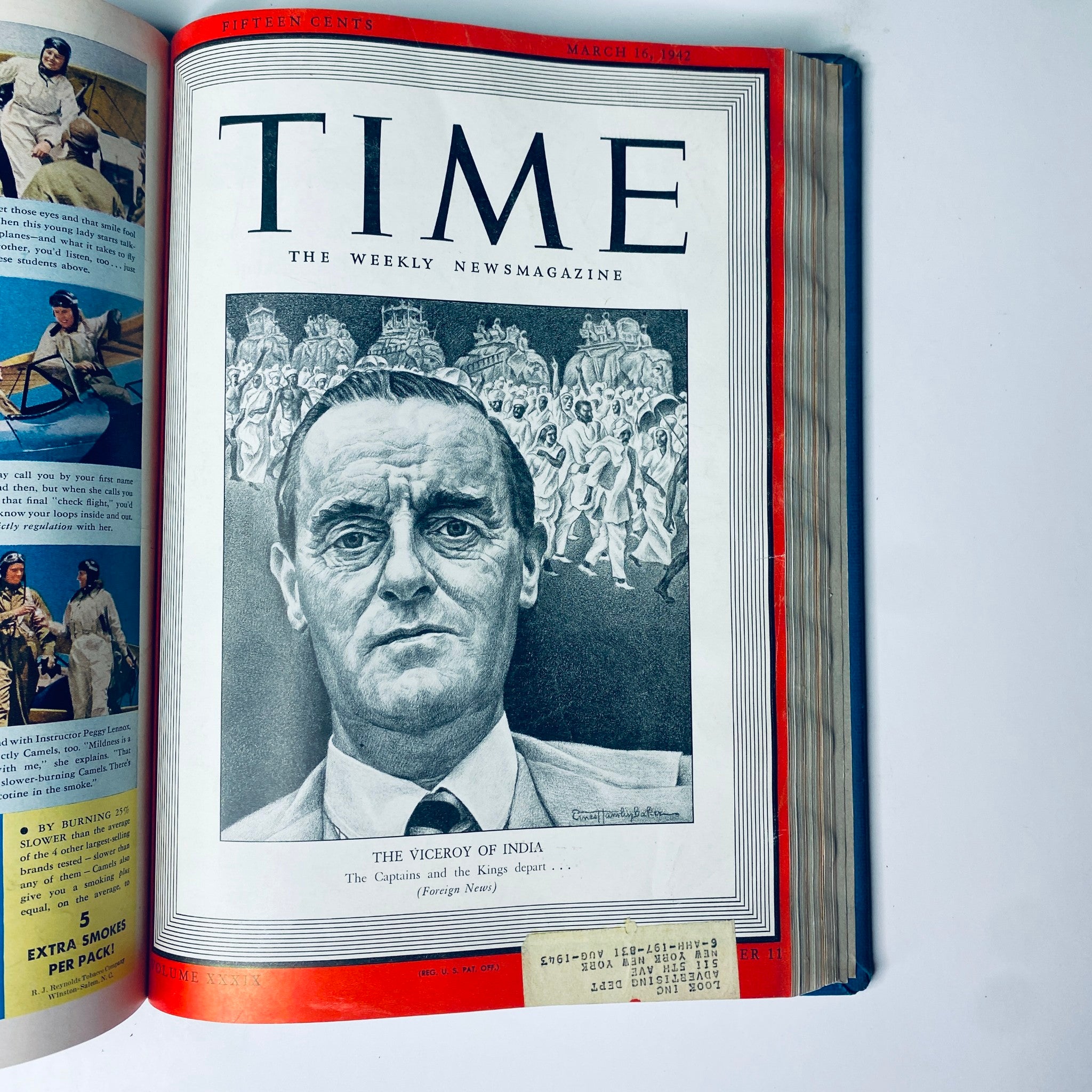 Time Library Bound Weekly Magazine, March 16, 1942, featuring a portrait of the Viceroy of India, capturing significant historical context during World War II.