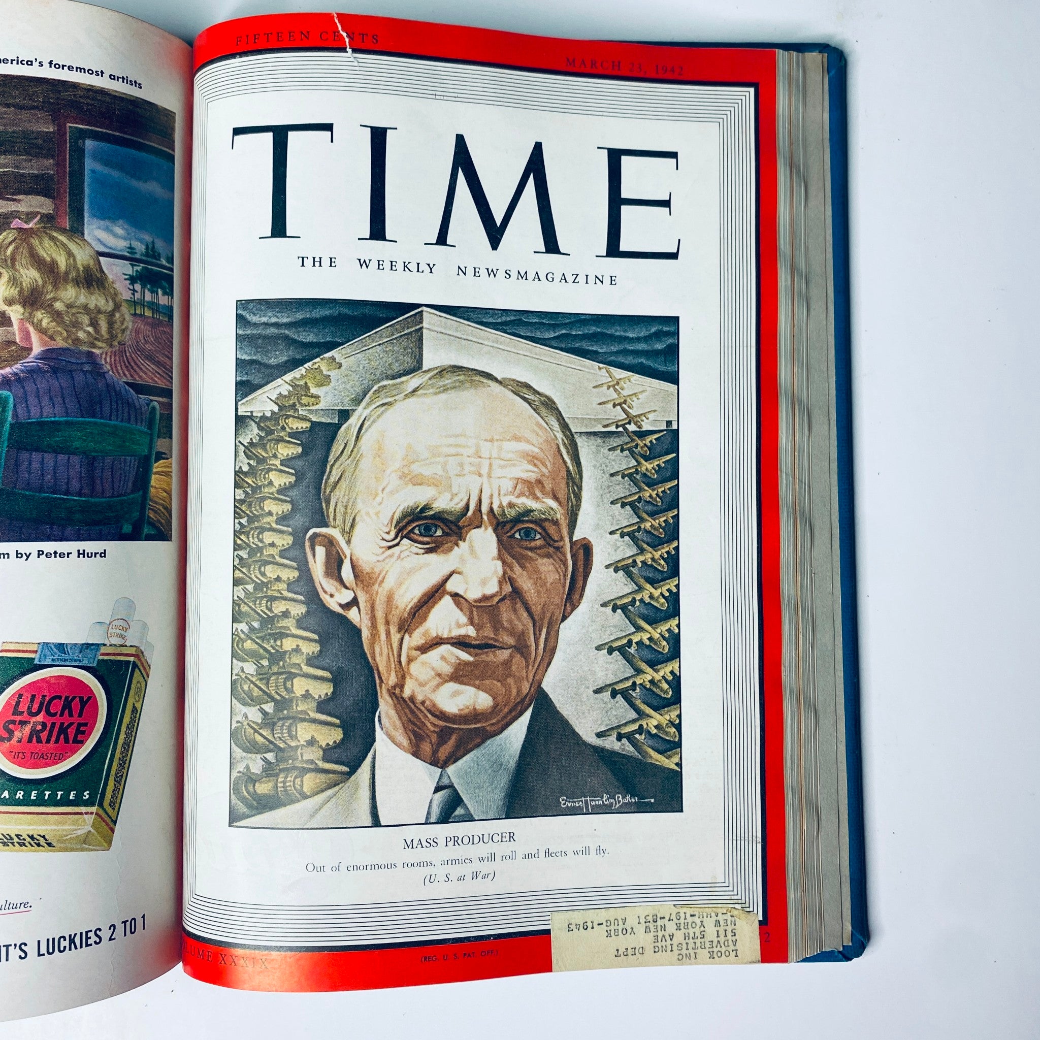 Time Library Bound Weekly Magazine, March 23, 1942, showcasing a portrait of a mass producer, symbolizing industrial contributions during World War II.