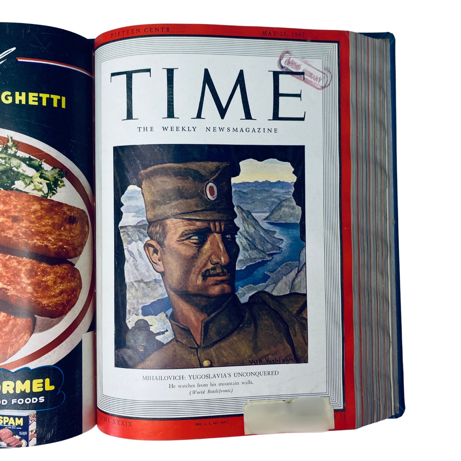 Cover of Time Magazine featuring 'Mihailovich: Yugoslavia's Unconquered' from May 25, 1942 edition, showcasing artistic depiction of General Draža Mihailović, with mountainous backdrop and original Time branding.