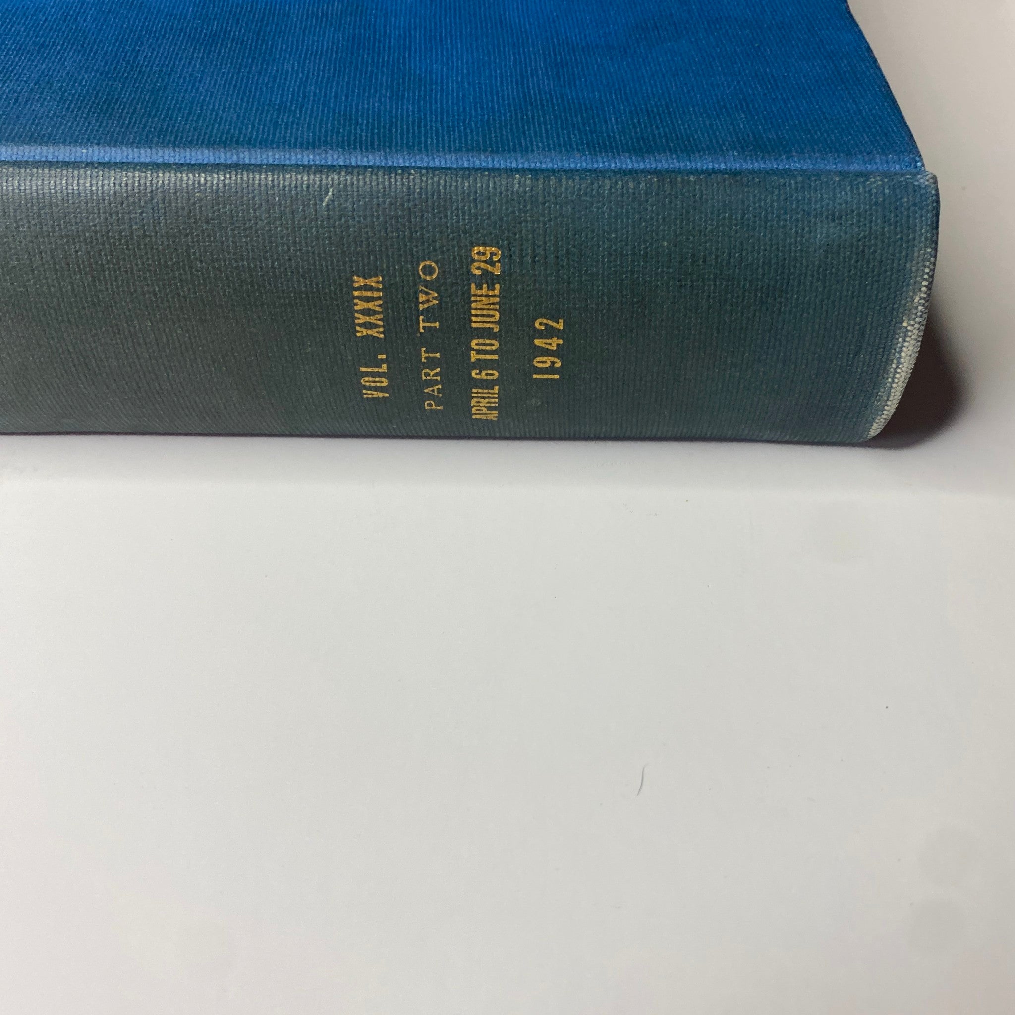 Side view of Time Magazine Library Bound Weekly edition, Volume XXXIX, Part Two, from April 6 to June 29, 1942, showcasing its sturdy binding and vintage appearance.