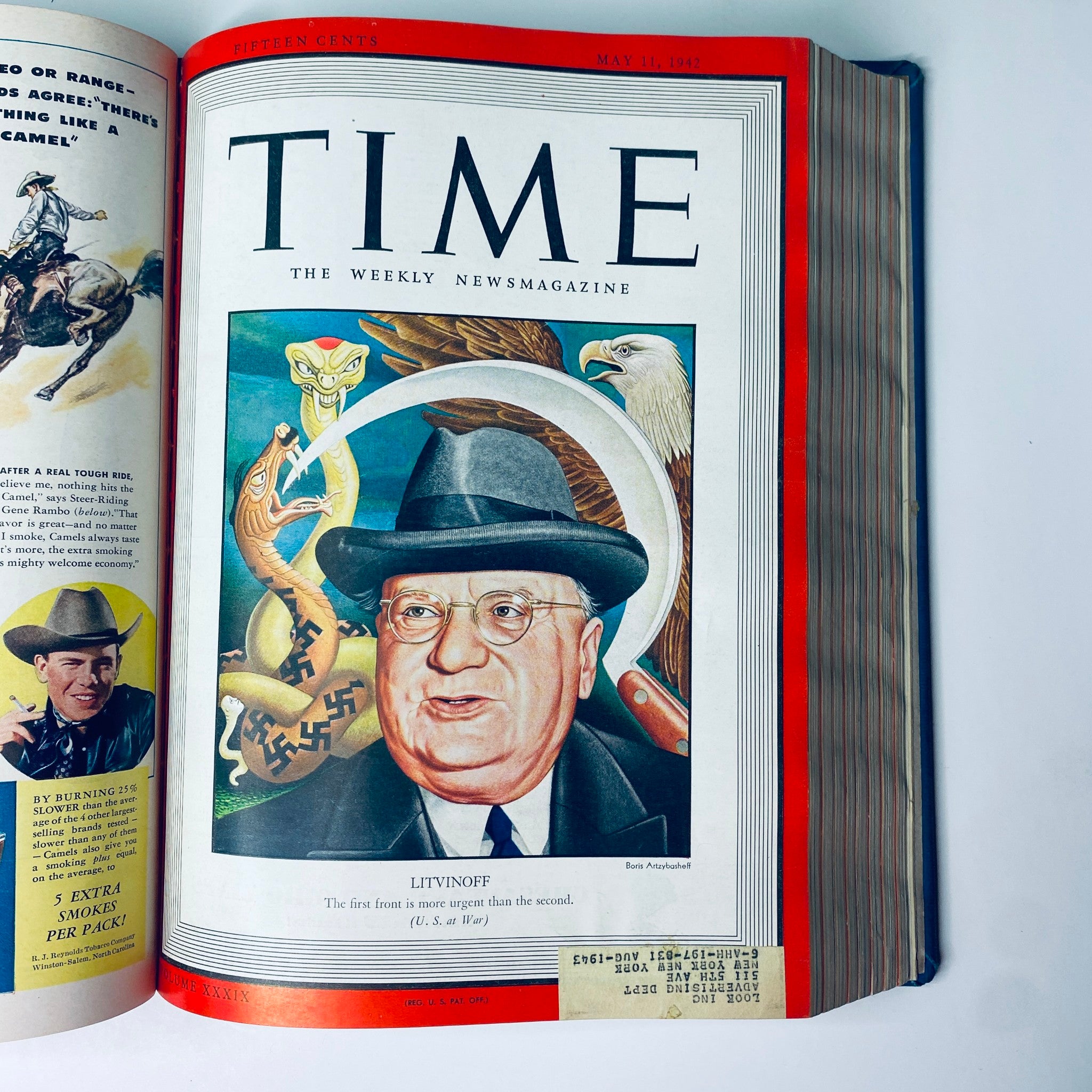 Time Magazine Library Bound Weekly April 6, 1942 - June 29, 1942 cover featuring Soviet Diplomat Maxim Litvinov, illustrating significant wartime figures.