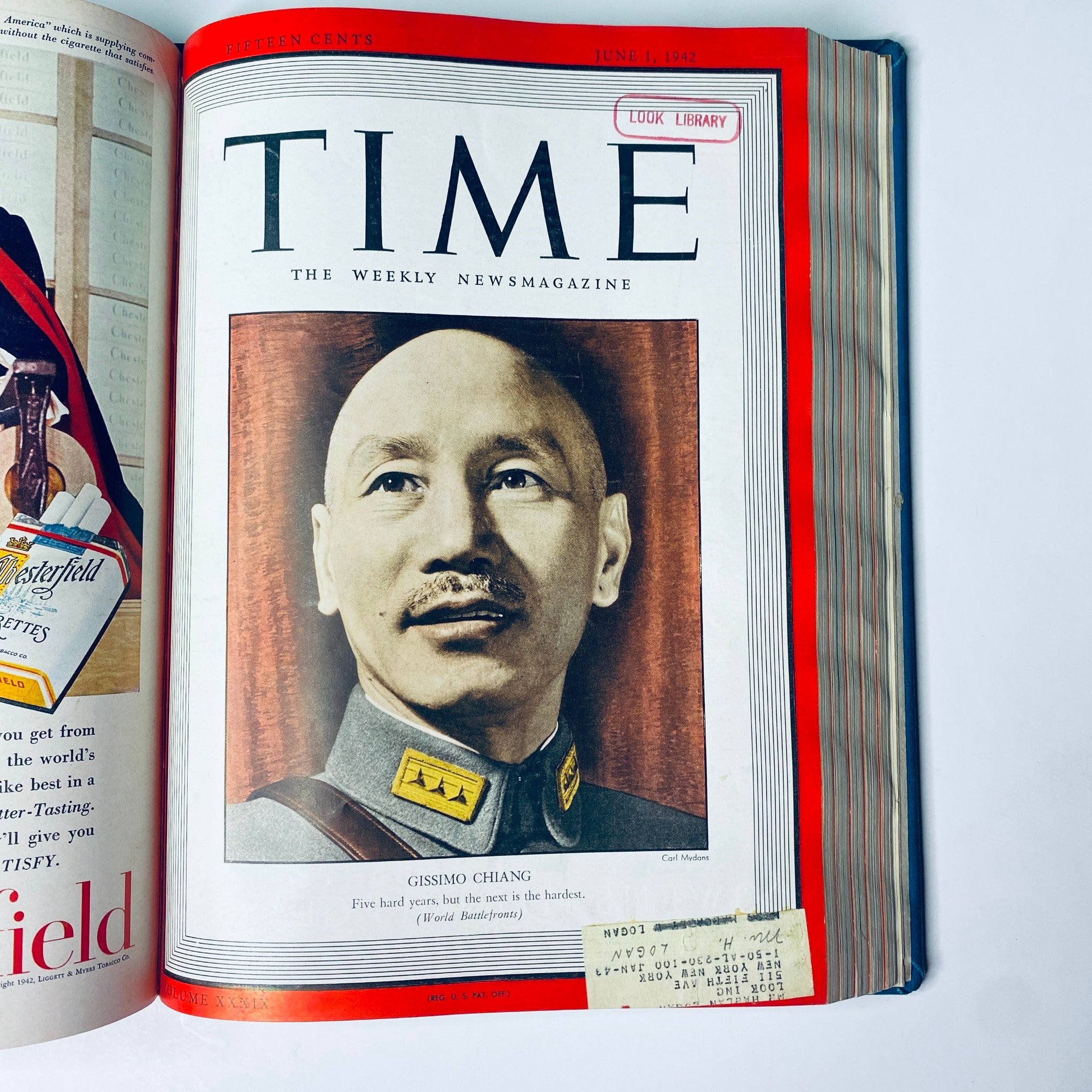 Cover of Time Magazine Library Bound Weekly April 6, 1942 - June 29, 1942 featuring Gissmo Chiang, with a portrait and accompanying text about his challenges during World War II.