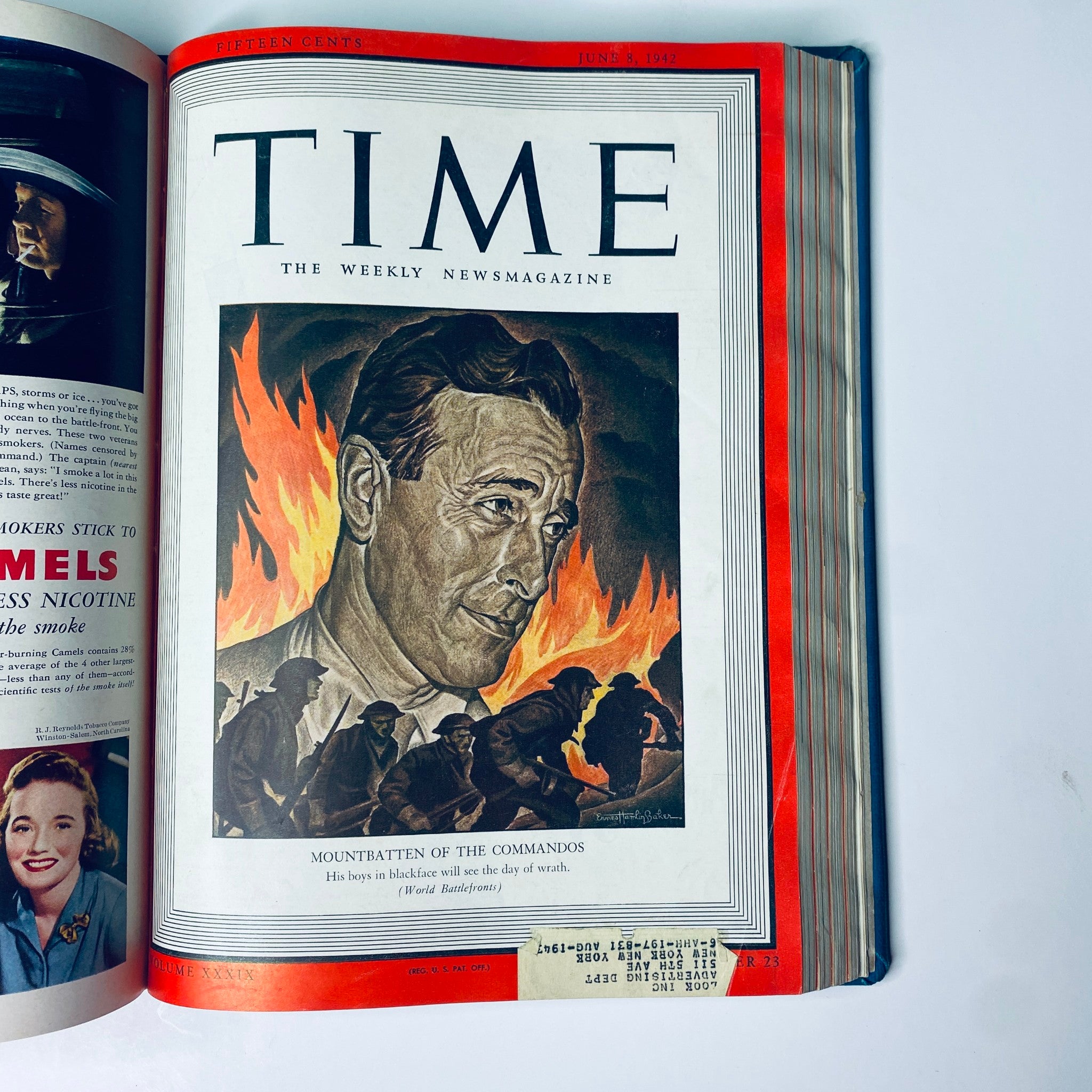 Cover of Time Magazine Library Bound Weekly April 6, 1942 - June 29, 1942 depicting Lord Louis Mountbatten amid flames, emphasizing his role during World War II.