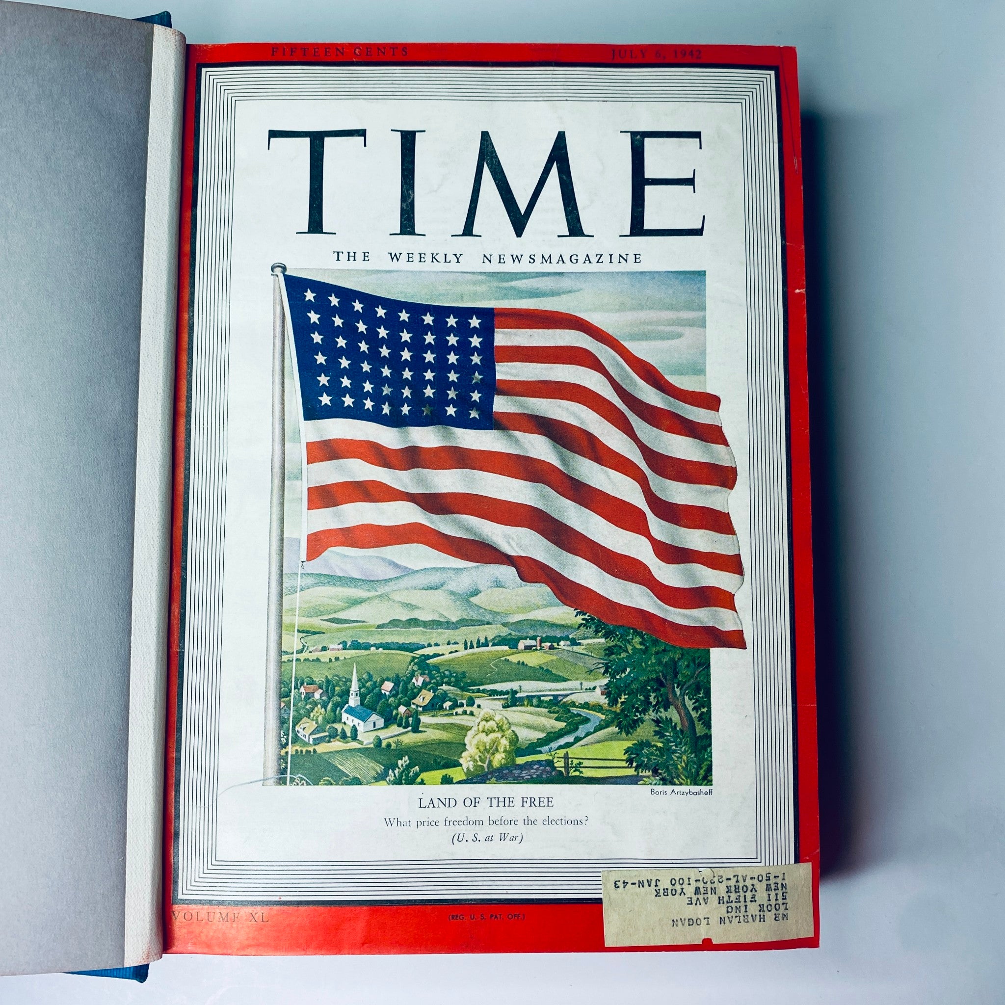 Cover of Time Magazine Library Bound July- Sept 1942 featuring an illustration of the American flag with the title 'Land of the Free' denoting the Independence Day issue.