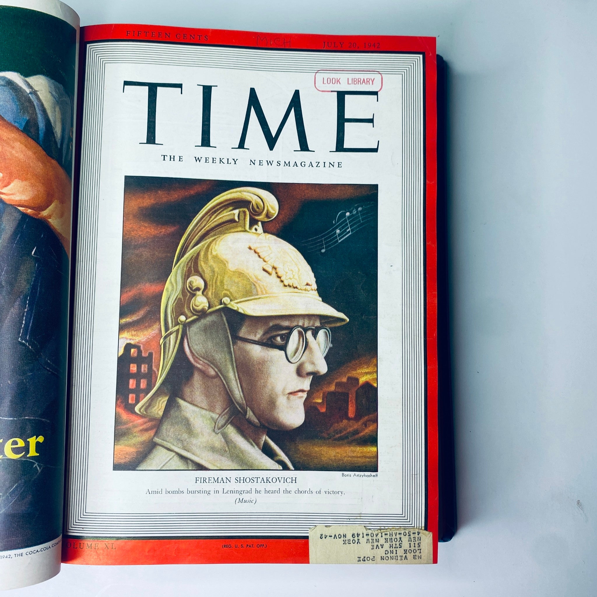 Cover of Time Magazine, July 20, 1942, featuring Dmitri Shostakovich, titled 'Fireman Shostakovich'. The illustration depicts Shostakovich in a fireman's helmet with a backdrop of a fiery landscape and musical notes.