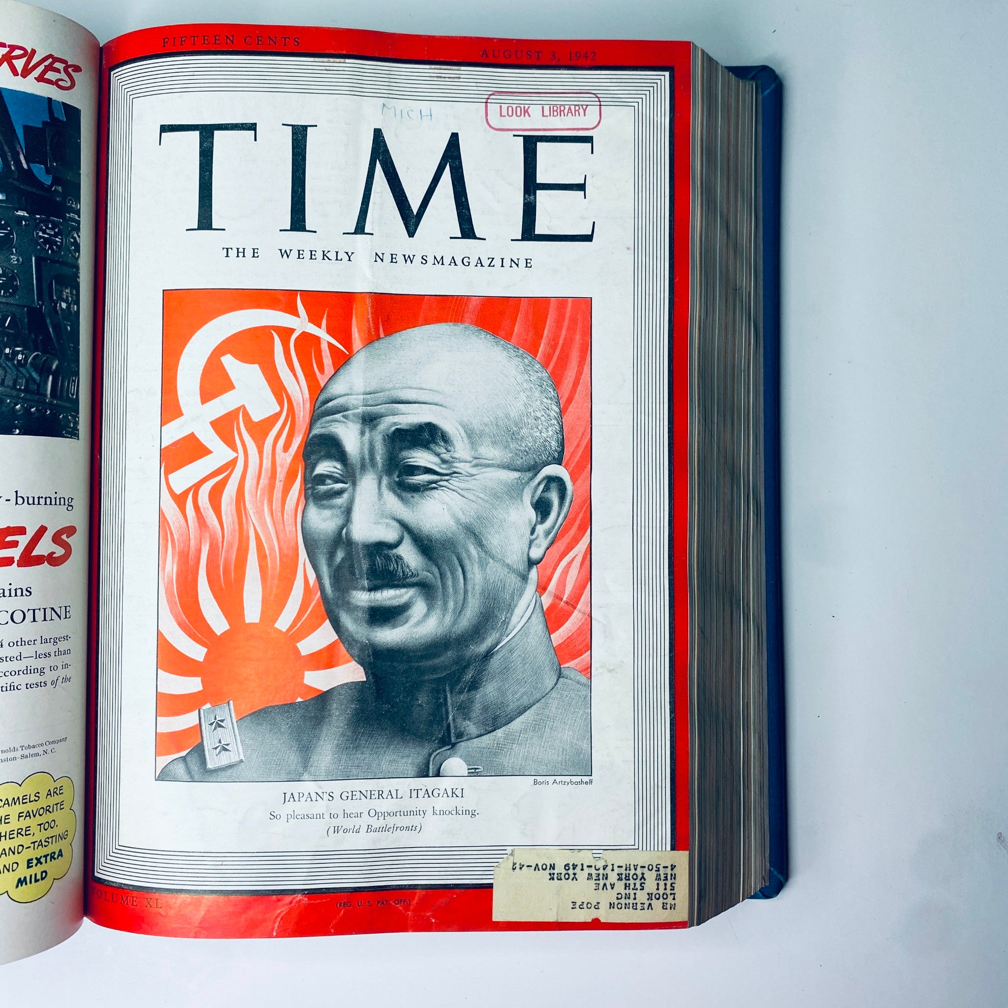 Cover of Time Magazine Library Bound July- Sept 1942 presenting Japan's General Itagaki with a bold red background illustrating wartime tension.