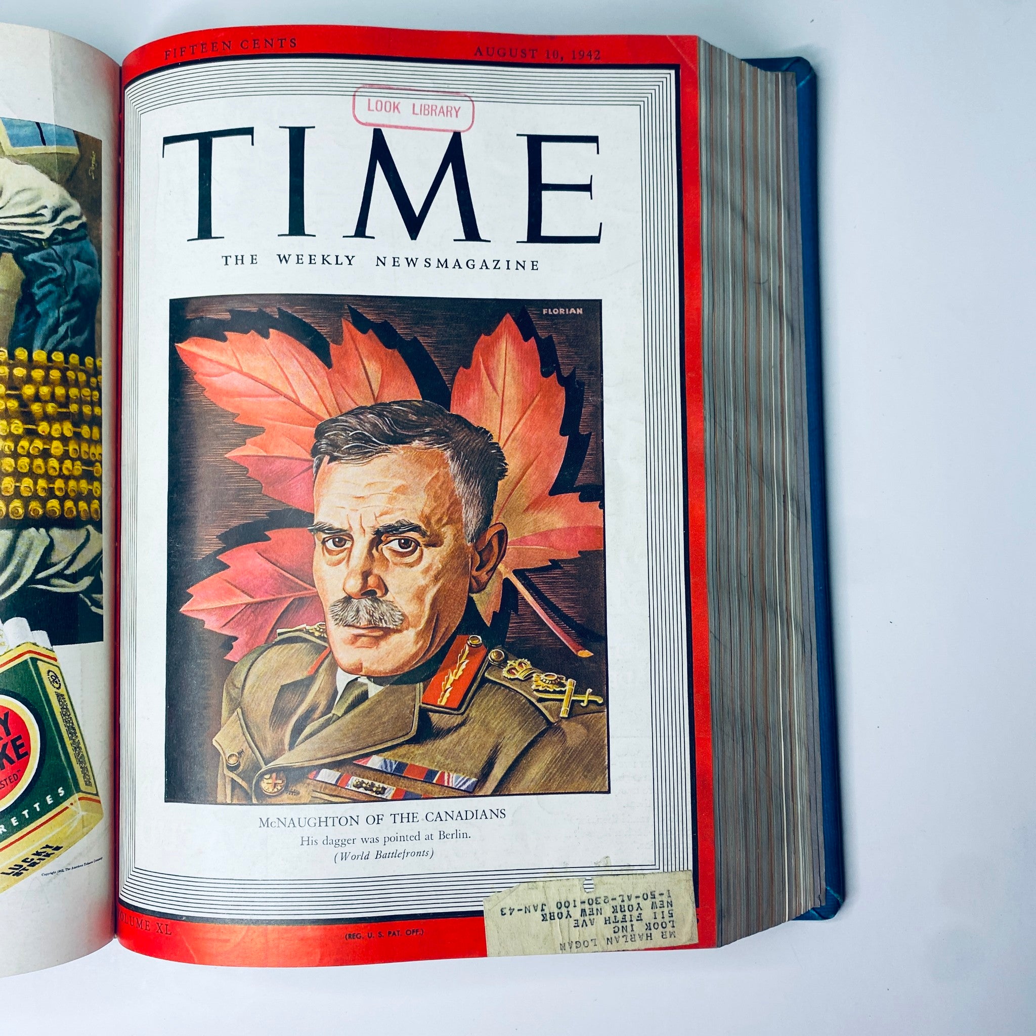 Cover of Time Magazine Library Bound July- Sept 1942 featuring General McNaughton of the Canadian Army surrounded by vibrant autumn leaves, highlighting his military significance.