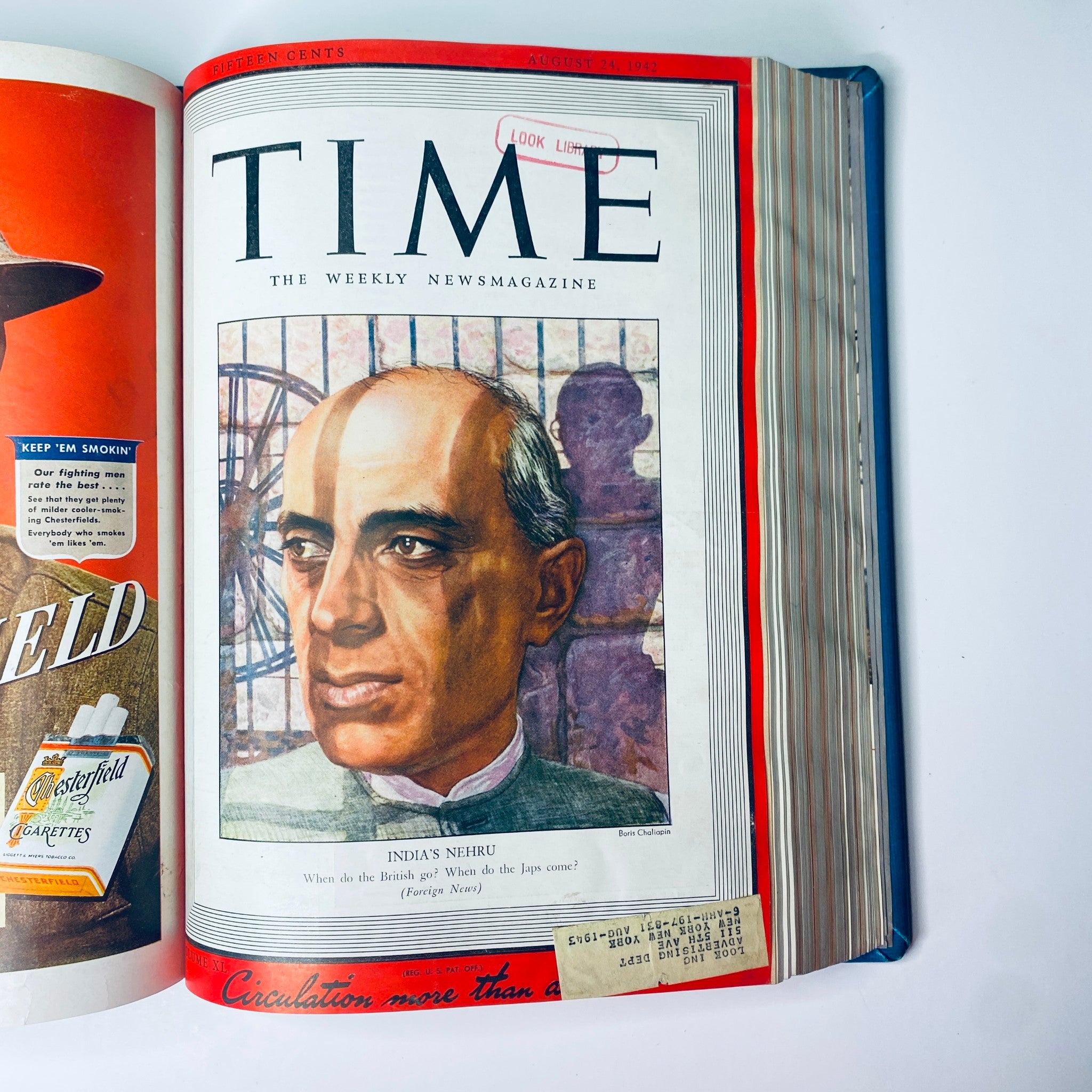 Time Magazine cover featuring India's Nehru from the August 24, 1942 issue. A historical reflection of political leadership during World War II. Title: Time Magazine Library Bound July- Sept 1942 Dmitri "Fireman" Shostakovich.