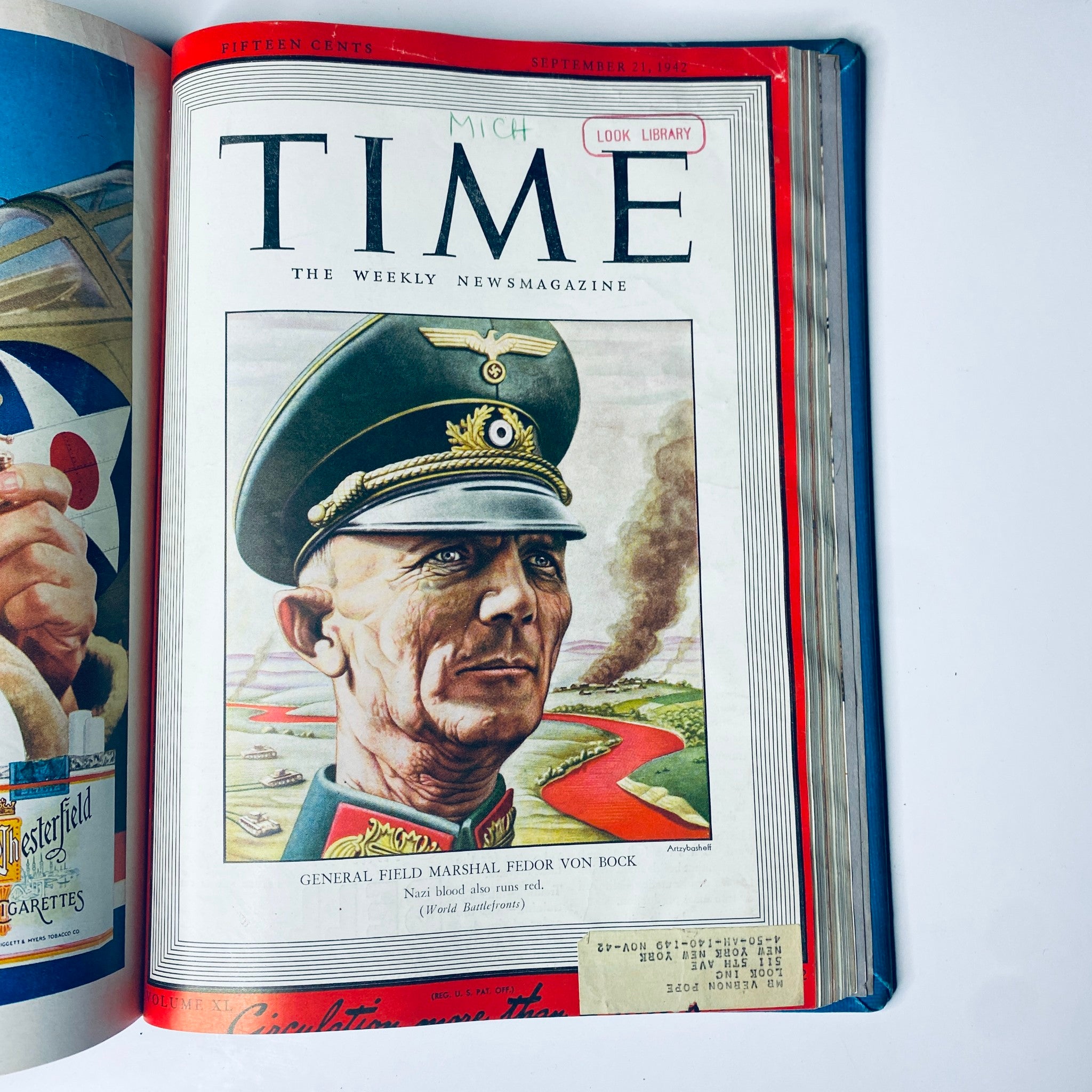 Time Magazine cover featuring General Field Marshal Fedor von Bock from the September 21, 1942 issue. A reflection of Nazi military command during World War II. Title: Time Magazine Library Bound July- Sept 1942 Dmitri "Fireman" Shostakovich.