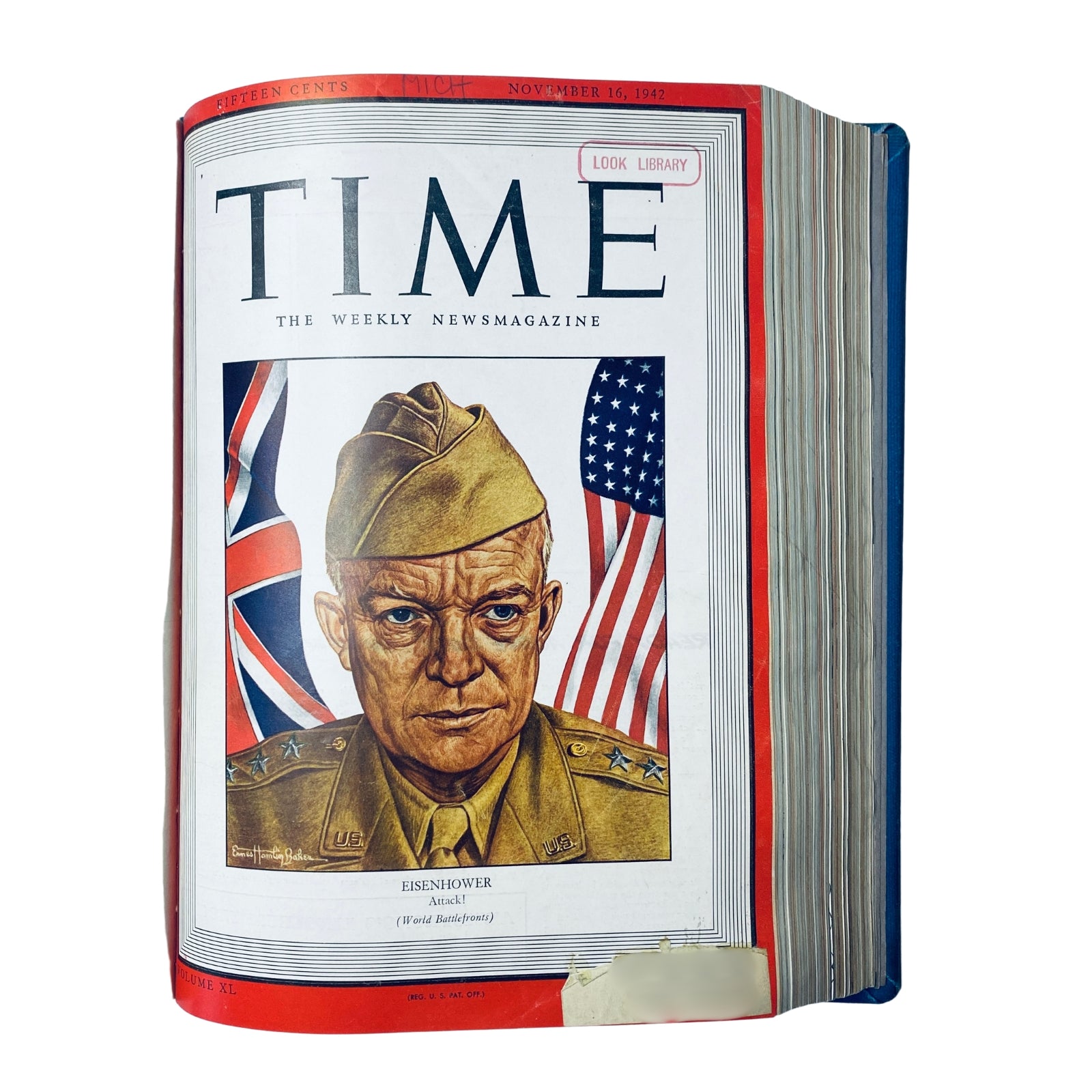 Cover of Time Magazine Library Bound Weekly, featuring General Dwight D. Eisenhower, dated November 16, 1942, with British and American flags in the background, highlighting significant World War II leadership.