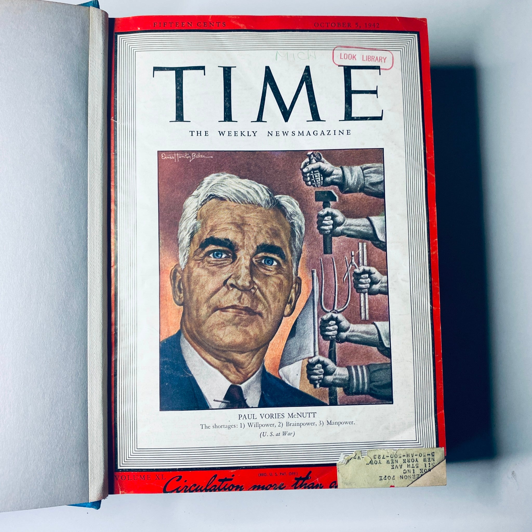 Cover of 'Time Library Bound Weekly Magazine – October 5 to December 21, 1942' featuring Paul Vories McNutt, discussing wartime shortages.