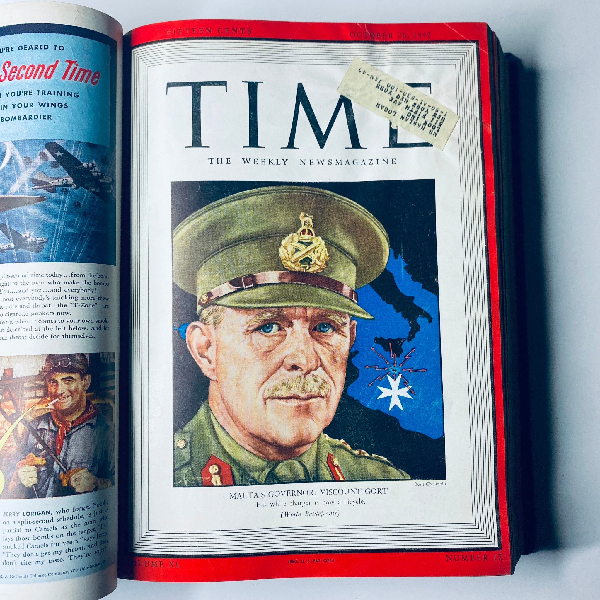 Cover of 'Time Library Bound Weekly Magazine – October 5 to December 21, 1942' featuring Viscount Gort, Governor of Malta.