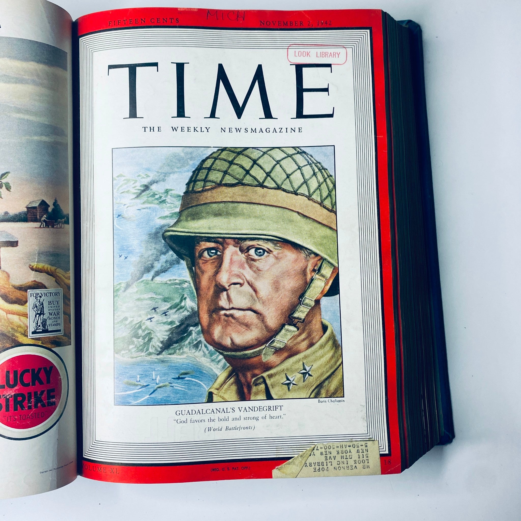 Cover of 'Time Library Bound Weekly Magazine – October 5 to December 21, 1942' presenting General Alexander A. Vandegrift, Guadalcanal Commander.