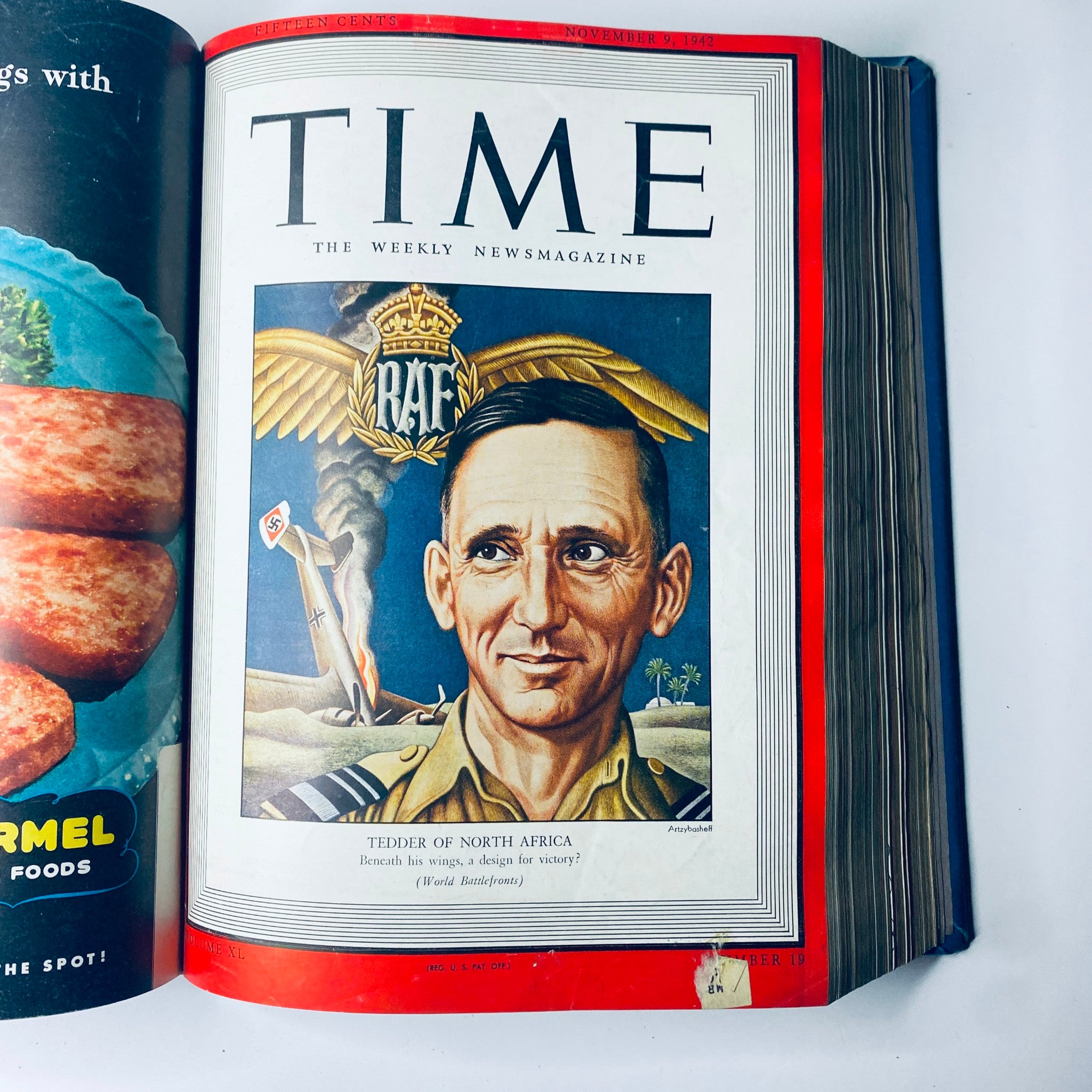 Cover of Time Library Bound Weekly Magazine from November 9, 1942, showcasing an illustration of Air Chief Marshal Arthur Tedder of North Africa, highlighting military leadership during WWII.