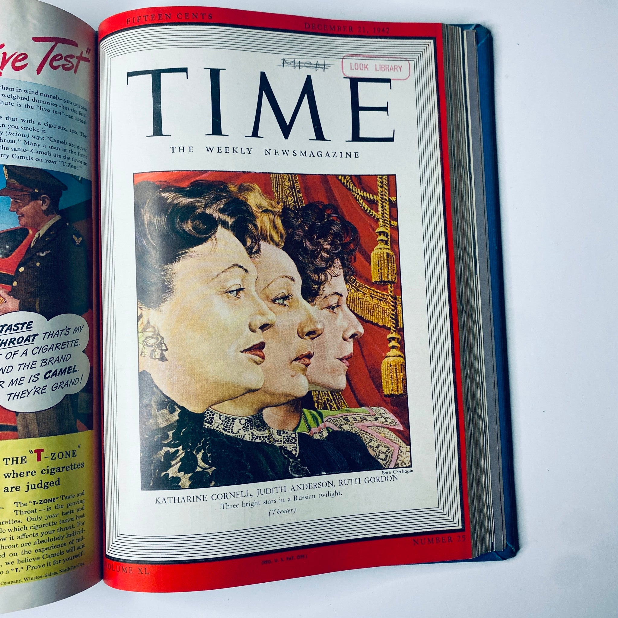Cover of Time Library Bound Weekly Magazine from December 21, 1942, featuring actresses Katharine Cornell, Judith Anderson, and Ruth Gordon, showcasing cultural contributions during World War II.