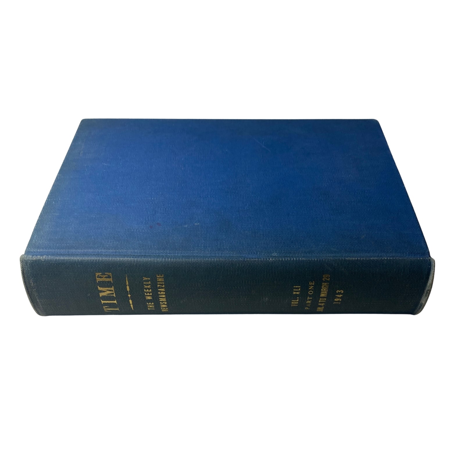 Library bound weekly volume of Time Magazine from January 5, 1943, to March 29, 1943, showcasing its blue cover and gold embossed title.