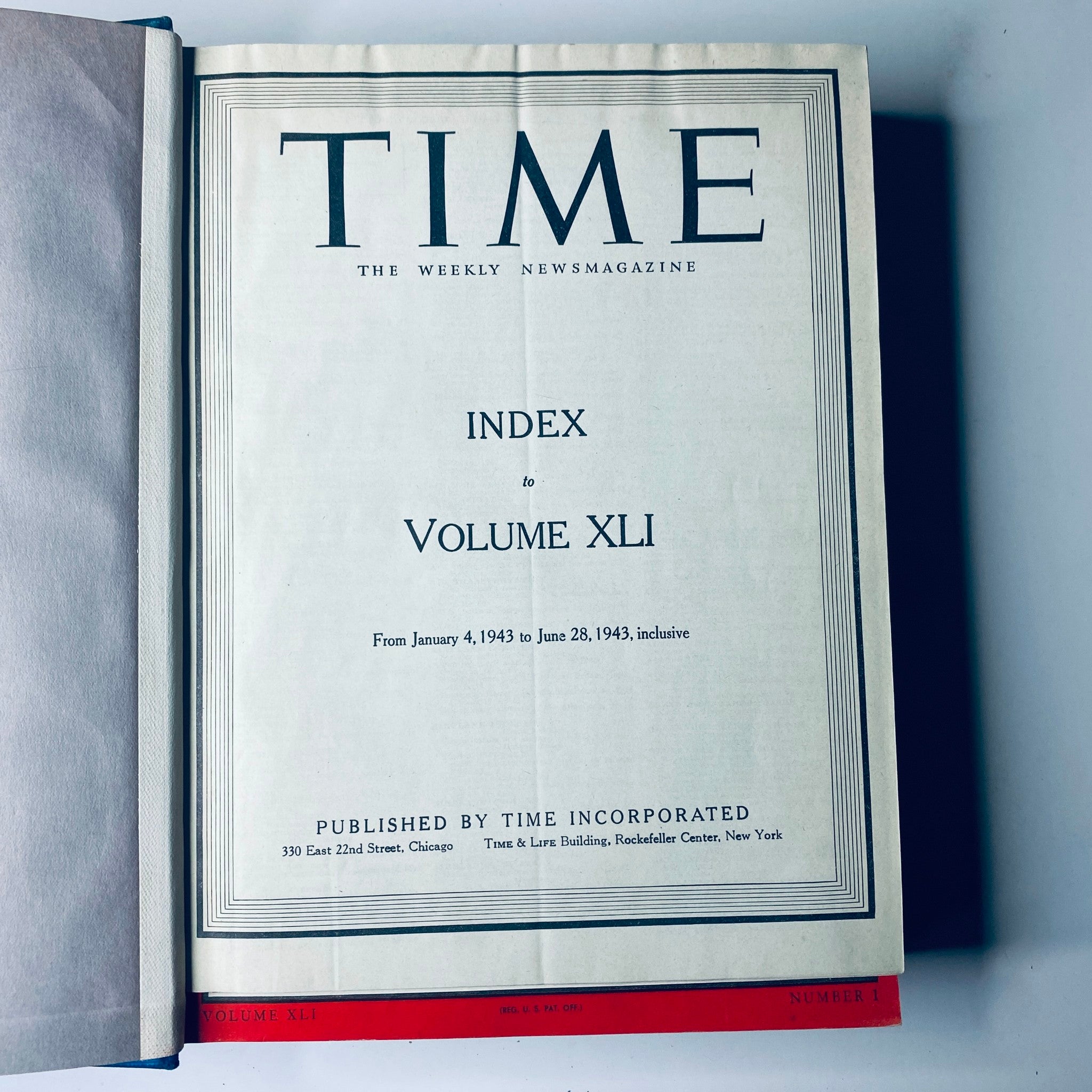 Inside view of Time Magazine showing the index for Volume XLI, covering issues from January 4, 1943, to June 28, 1943.