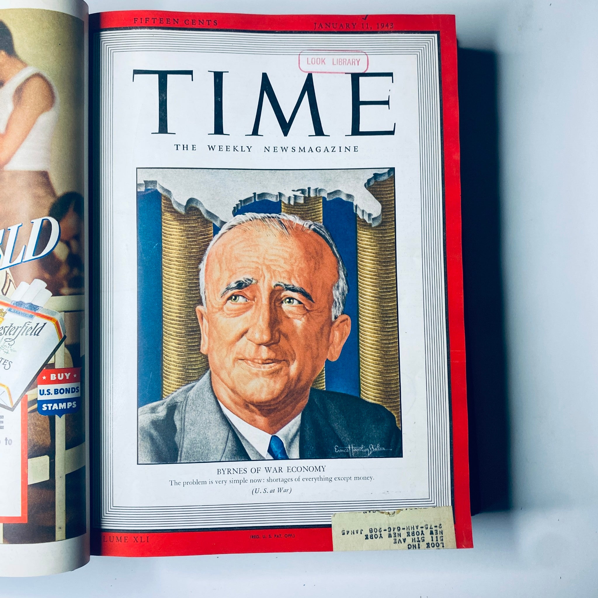 Opening of a Time Magazine from January 11, 1943, featuring the cover story on the economy with a portrait of James F. Byrnes, part of the Library Bound Weekly from January 5, 1943 - March 29, 1943.