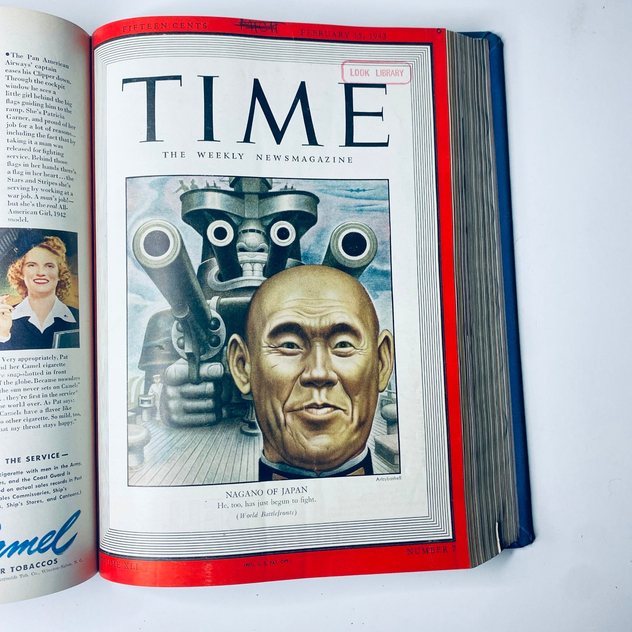 Cover of Time Magazine Library Bound Weekly, February 15, 1943, showcasing Admiral Osami Nagano of Japan, illustrating wartime dynamics during World War II.