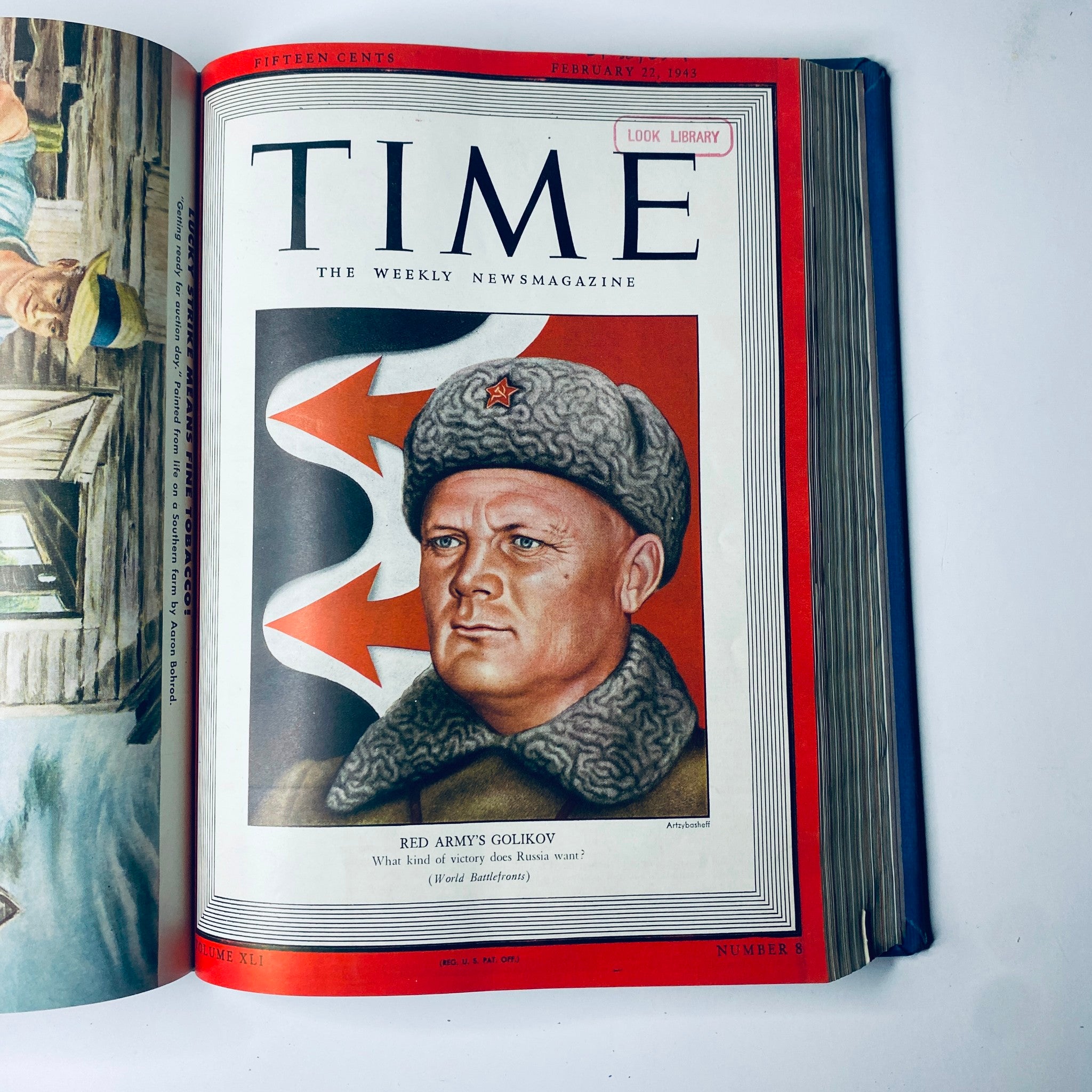 Cover of Time Magazine from February 22, 1943 featuring a portrait of Lieutenant General Filipp Golikov, the commander of the Red Army, with the title 'RED ARMY'S GOLIKOV' - part of Time Magazine Library Bound Weekly January 5, 1943 - March 29, 1943.