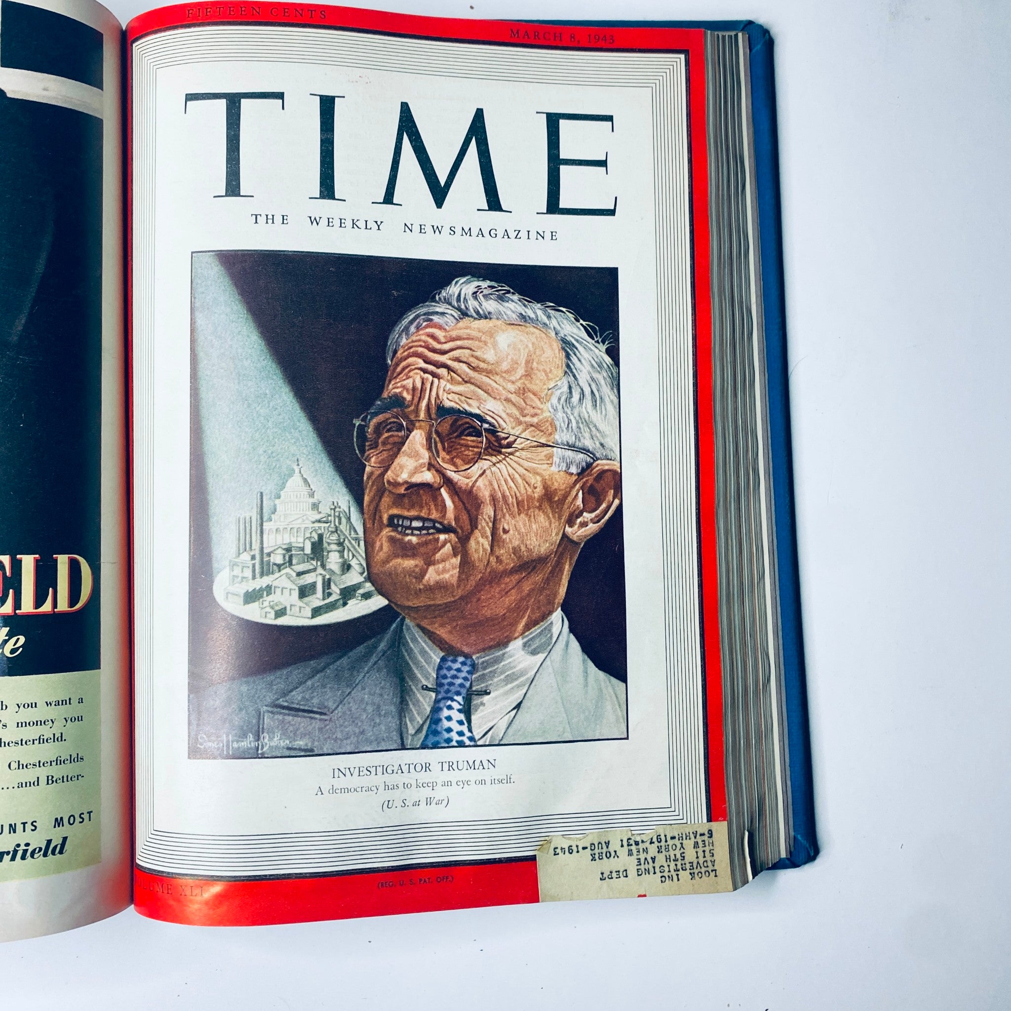 Cover of Time Magazine from March 8, 1943 featuring a portrait of Harry S. Truman, War Investigator, with the title 'INVESTIGATOR TRUMAN' - part of Time Magazine Library Bound Weekly January 5, 1943 - March 29, 1943.